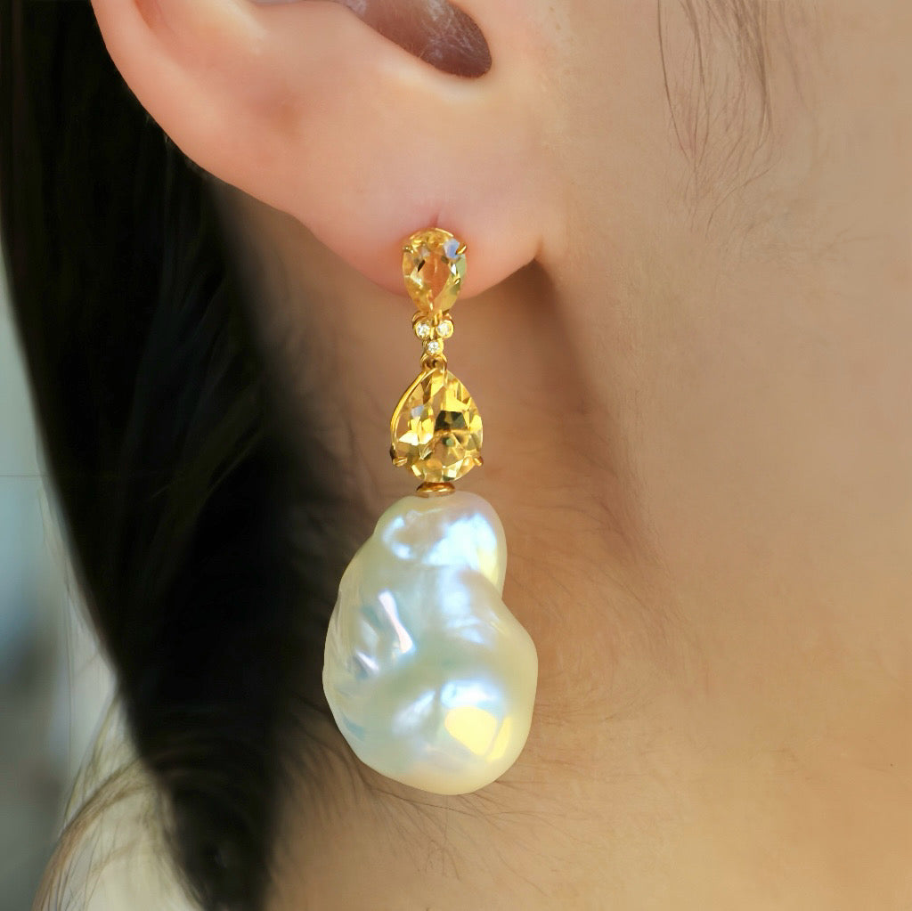 Divina Pear Citrine Diamond Baroque Pearl Convertible Drop Earrings