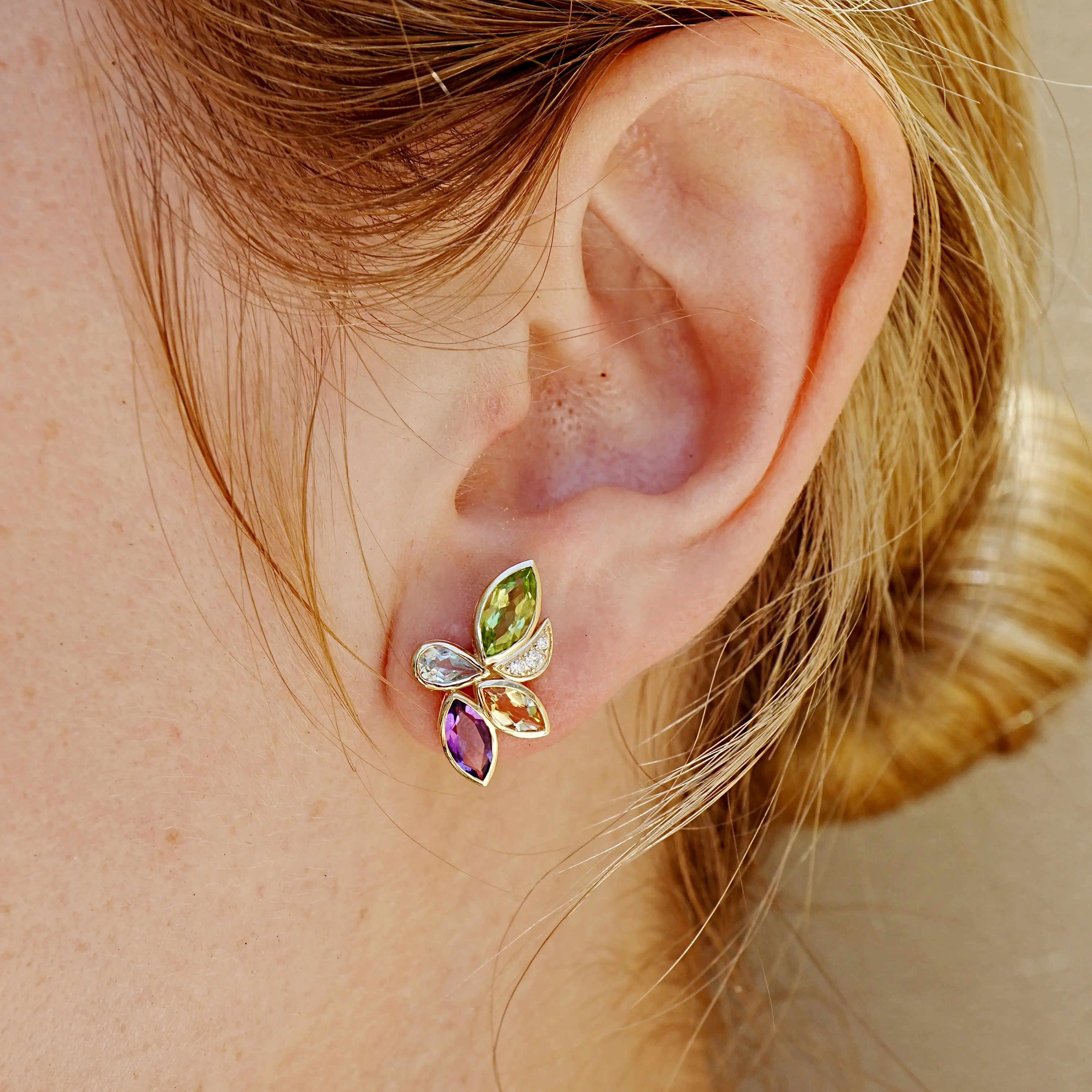 Tropical Flower Natural Multi Gemstone & Daimond Earrings 14k yellow gold