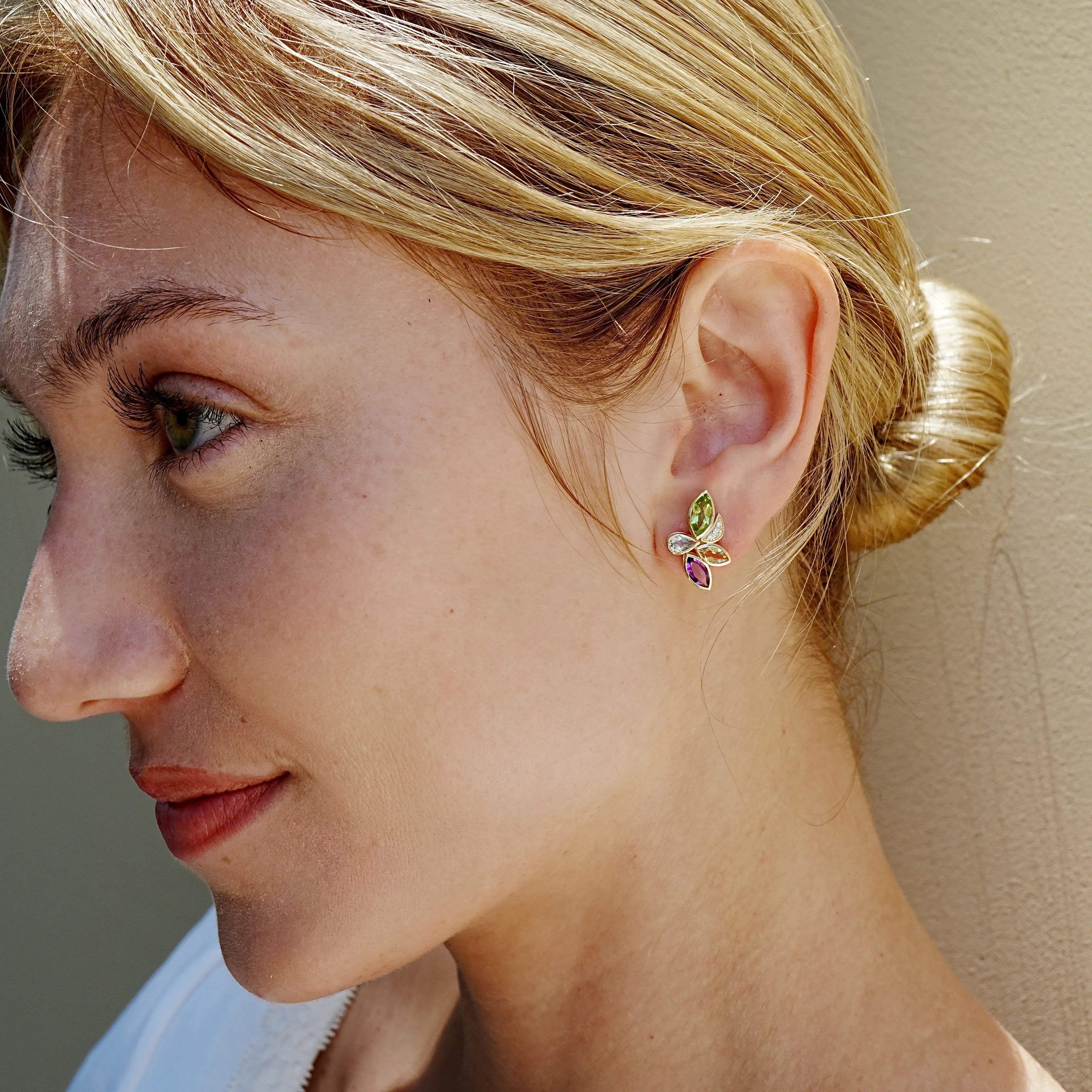 Tropical Flower Natural Multi Gemstone & Daimond Earrings 14k yellow gold
