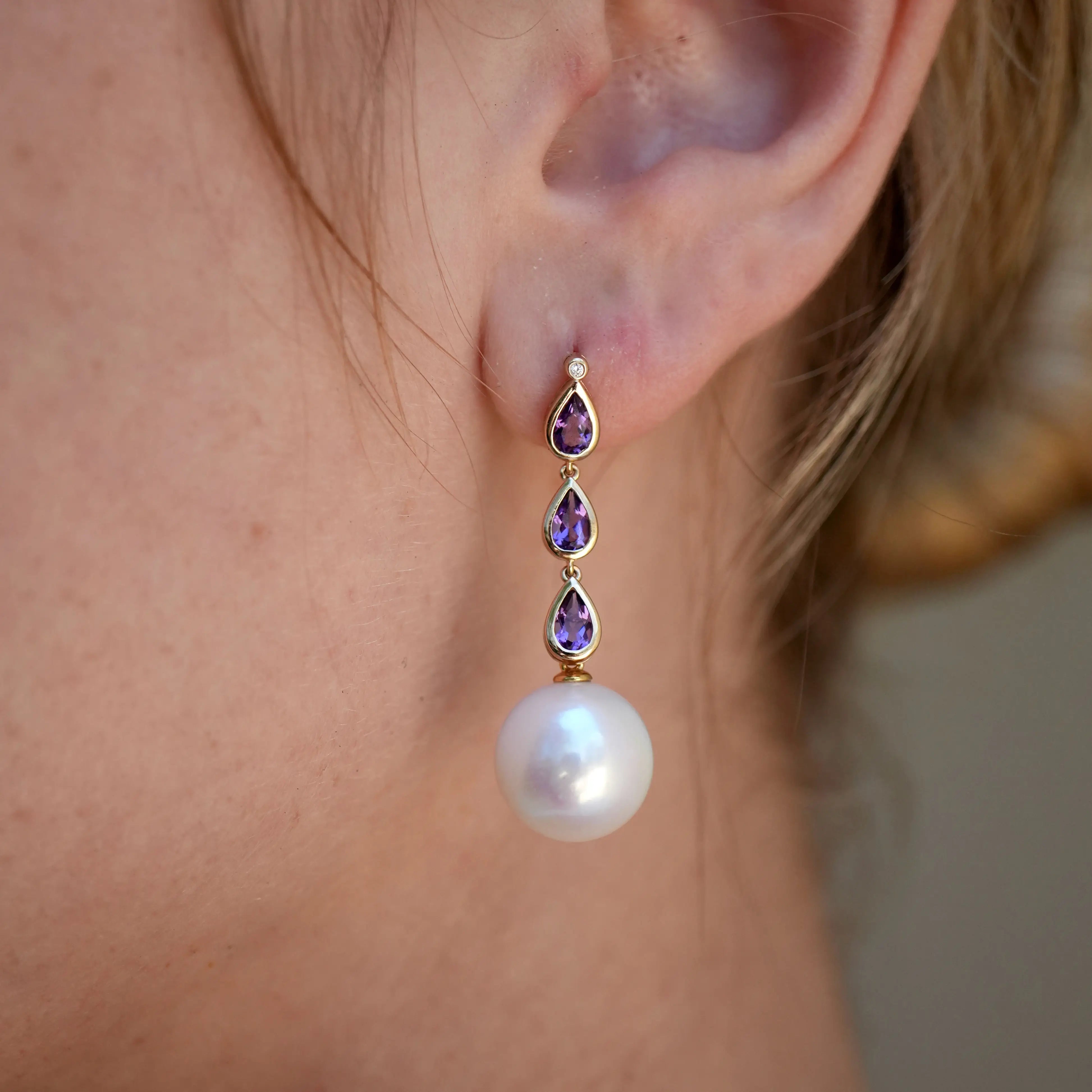 Venus Tears Amethyst Diamond 12-13mm cultured Pearl Convertible Drop Earrings 14k yellow gold