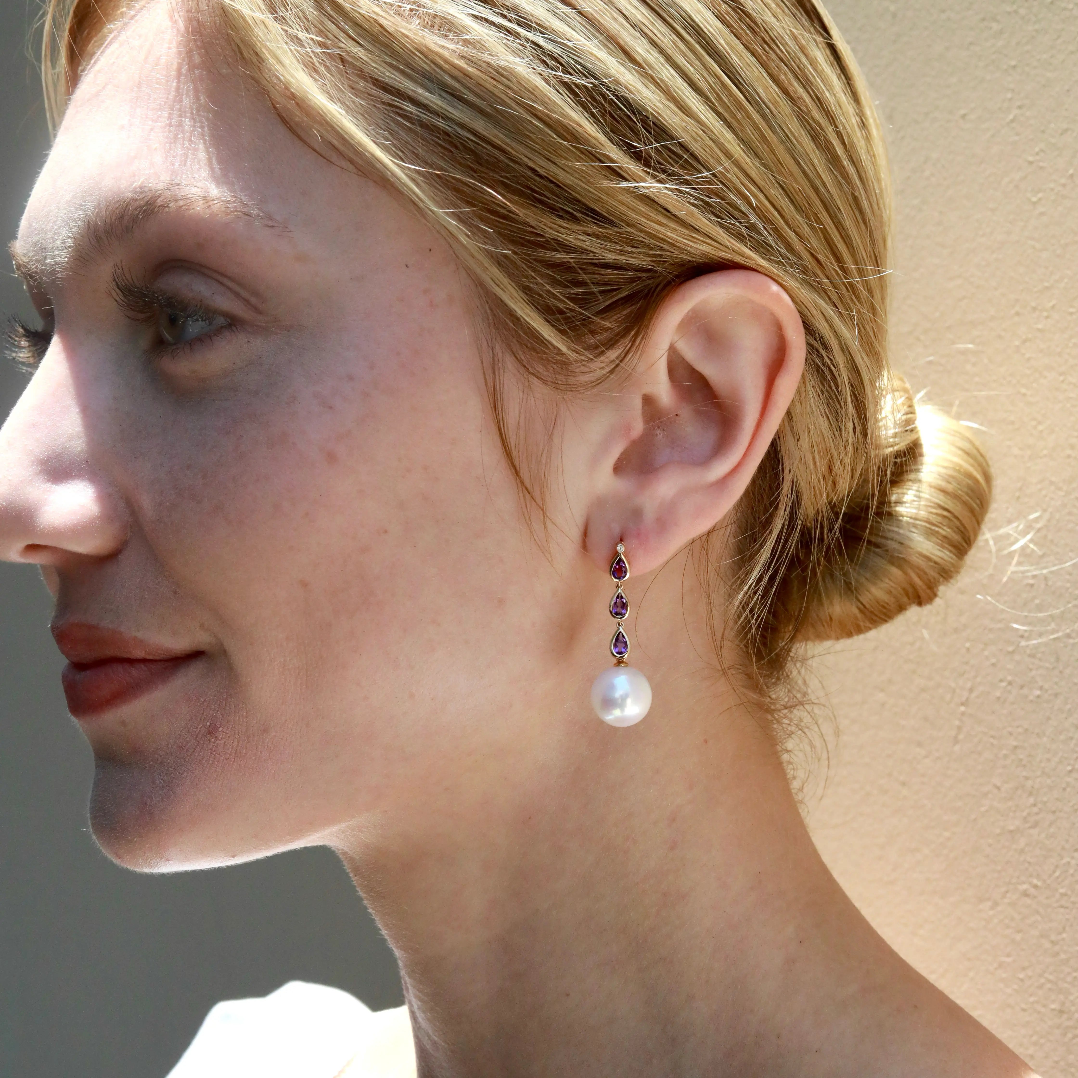 Venus Tears Amethyst Diamond 12-13mm cultured Pearl Convertible Drop Earrings 14k yellow gold