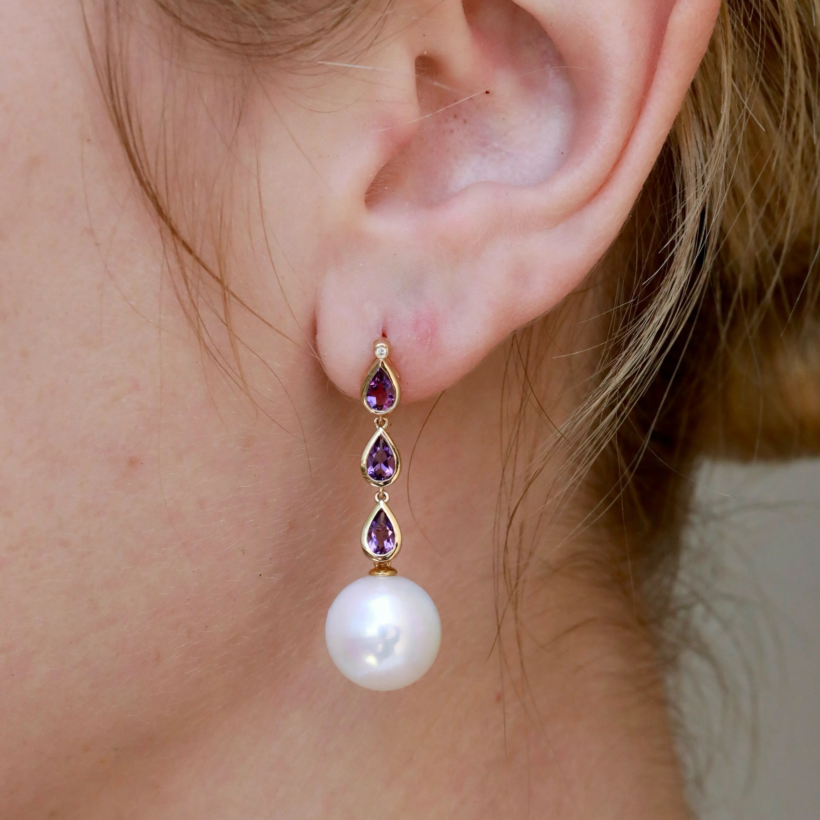 Venus Tears Amethyst Diamond 12-13mm cultured Pearl Convertible Drop Earrings 14k yellow gold