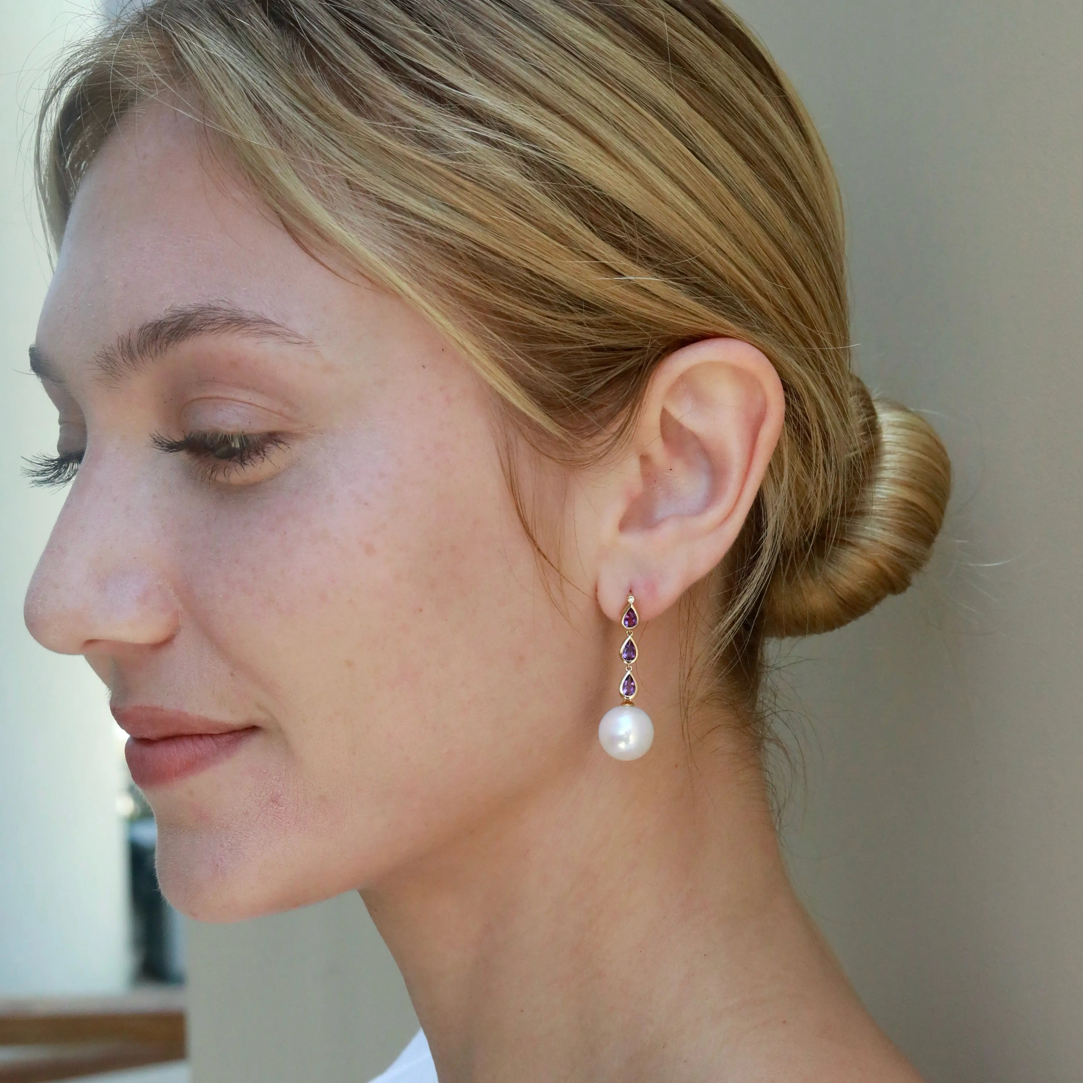 Venus Tears Amethyst Diamond 12-13mm cultured Pearl Convertible Drop Earrings 14k yellow gold