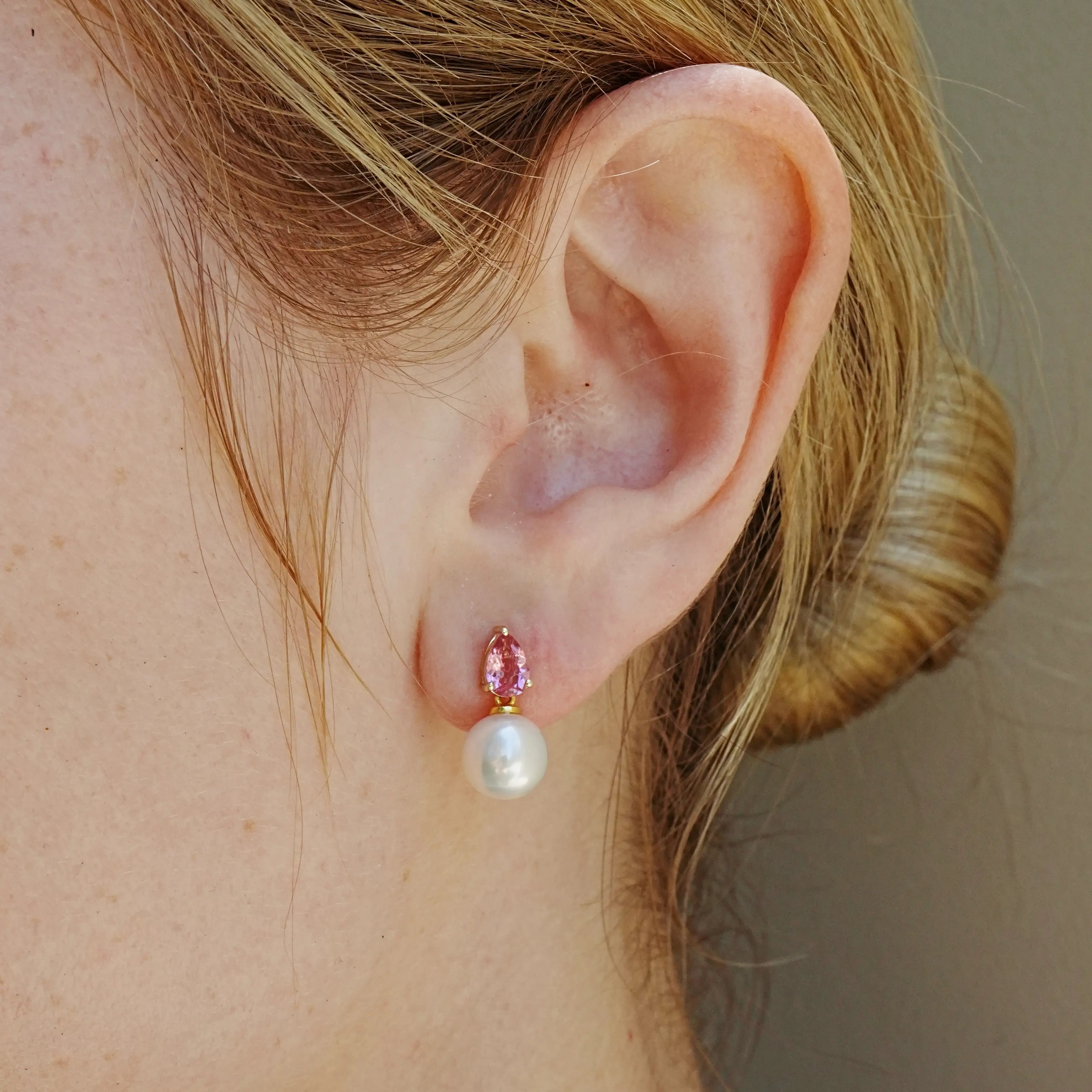 Venus Tears Pink Tourmaline Pearl Convertible Earrings 14k yellow gold
