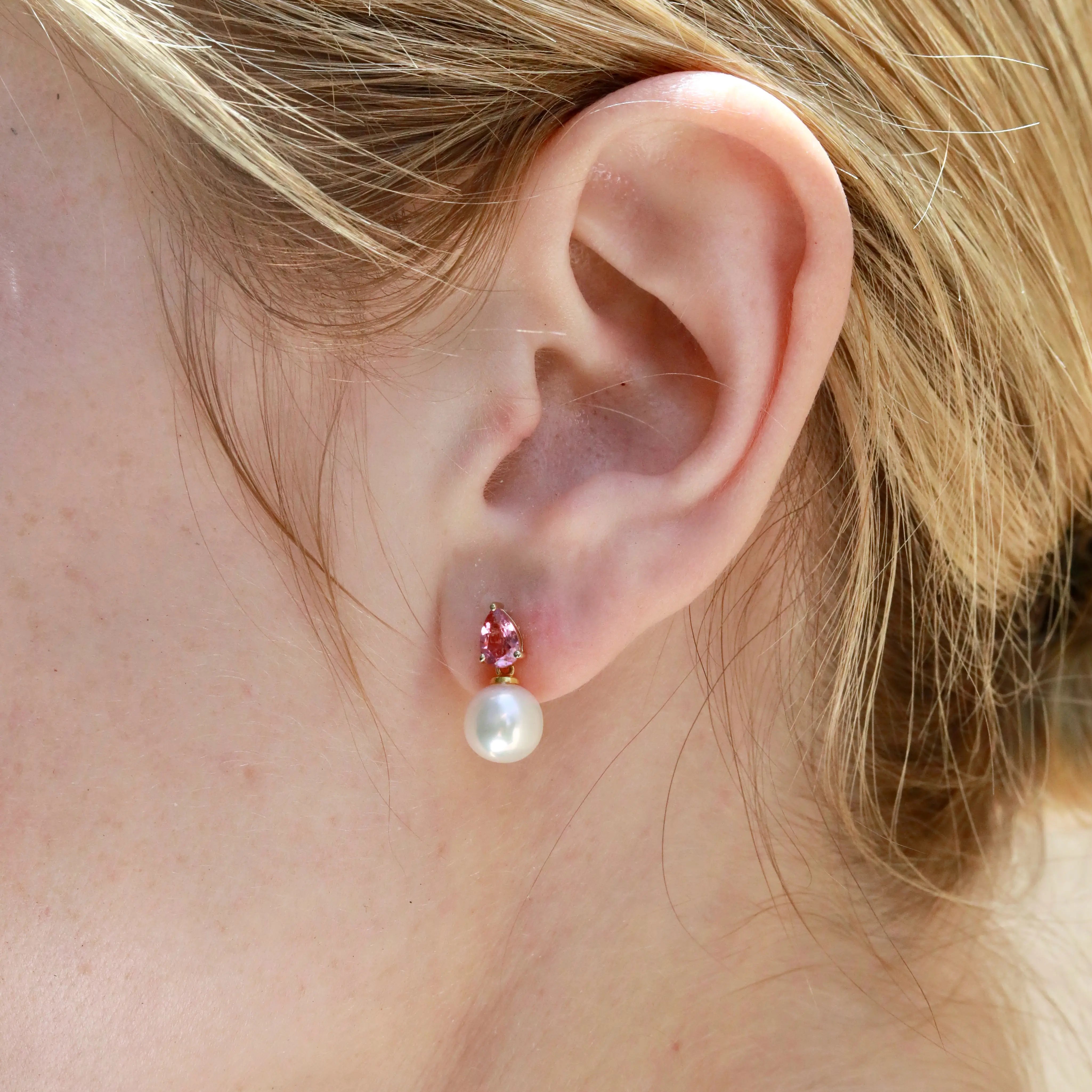 Venus Tears Pink Tourmaline Pearl Convertible Earrings 14k yellow gold