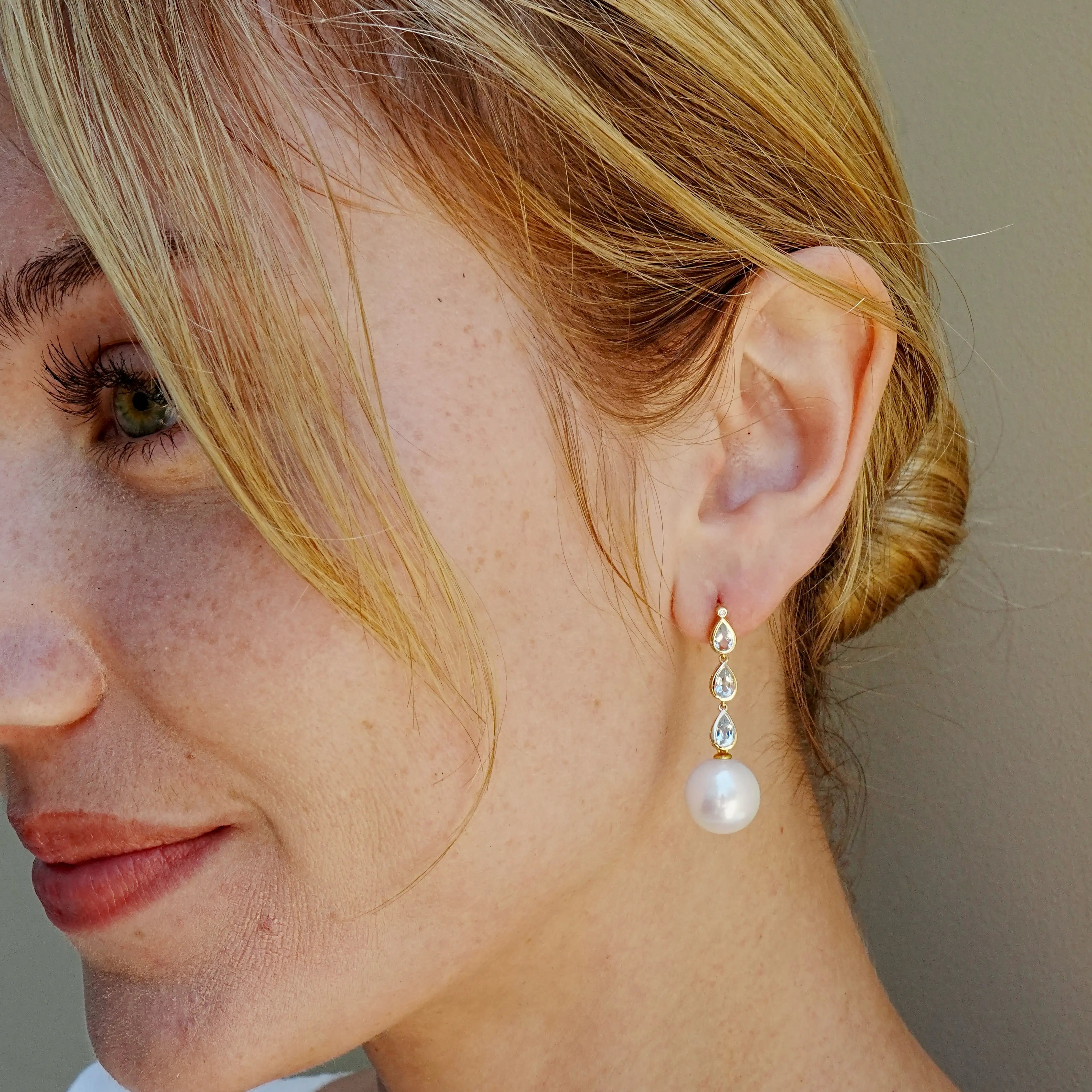 Venus Tears Aquamarine Diamond 12-13mm cultured Pearl Convertible Drop Earrings 14k yellow gold