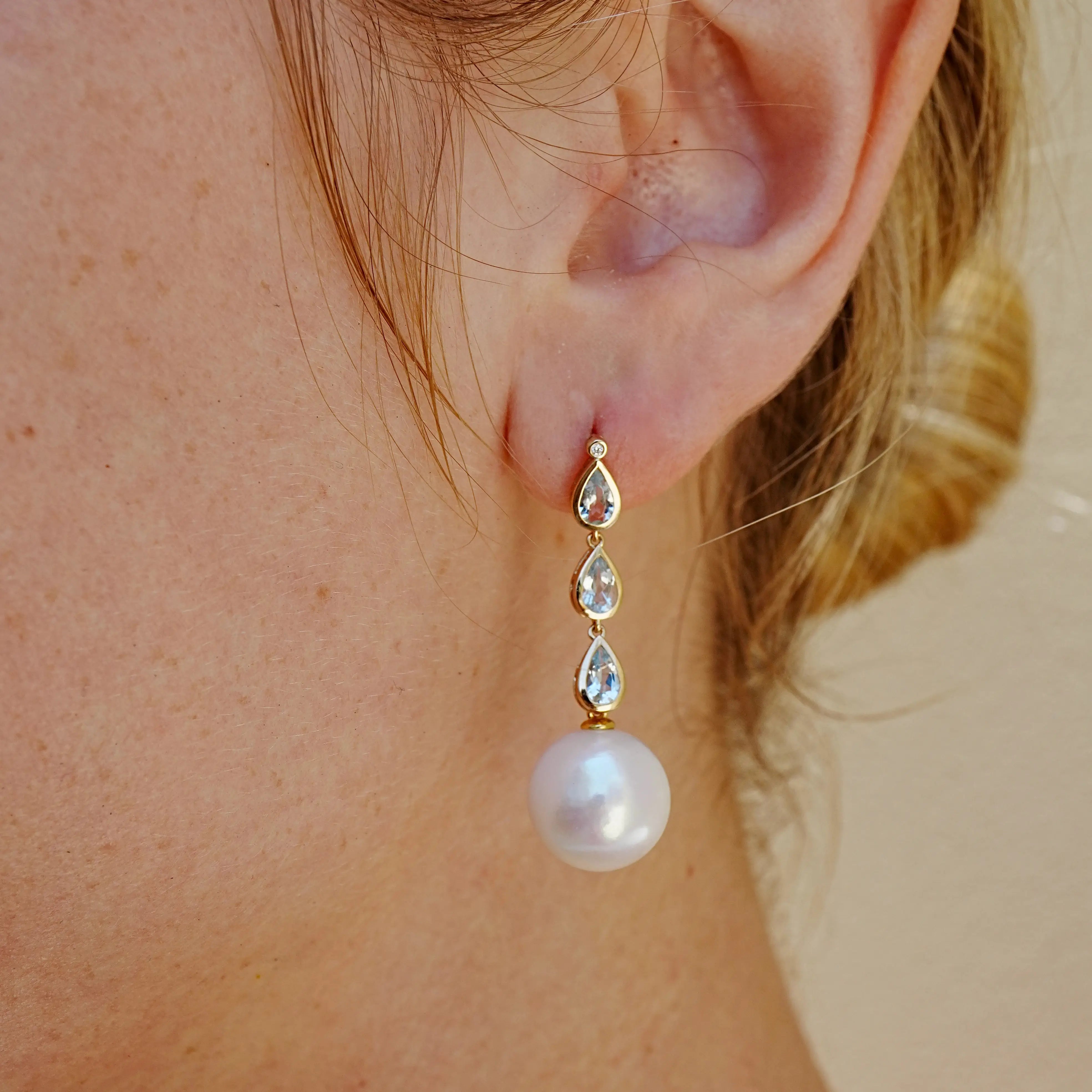 Venus Tears Aquamarine Diamond 12-13mm cultured Pearl Convertible Drop Earrings 14k yellow gold