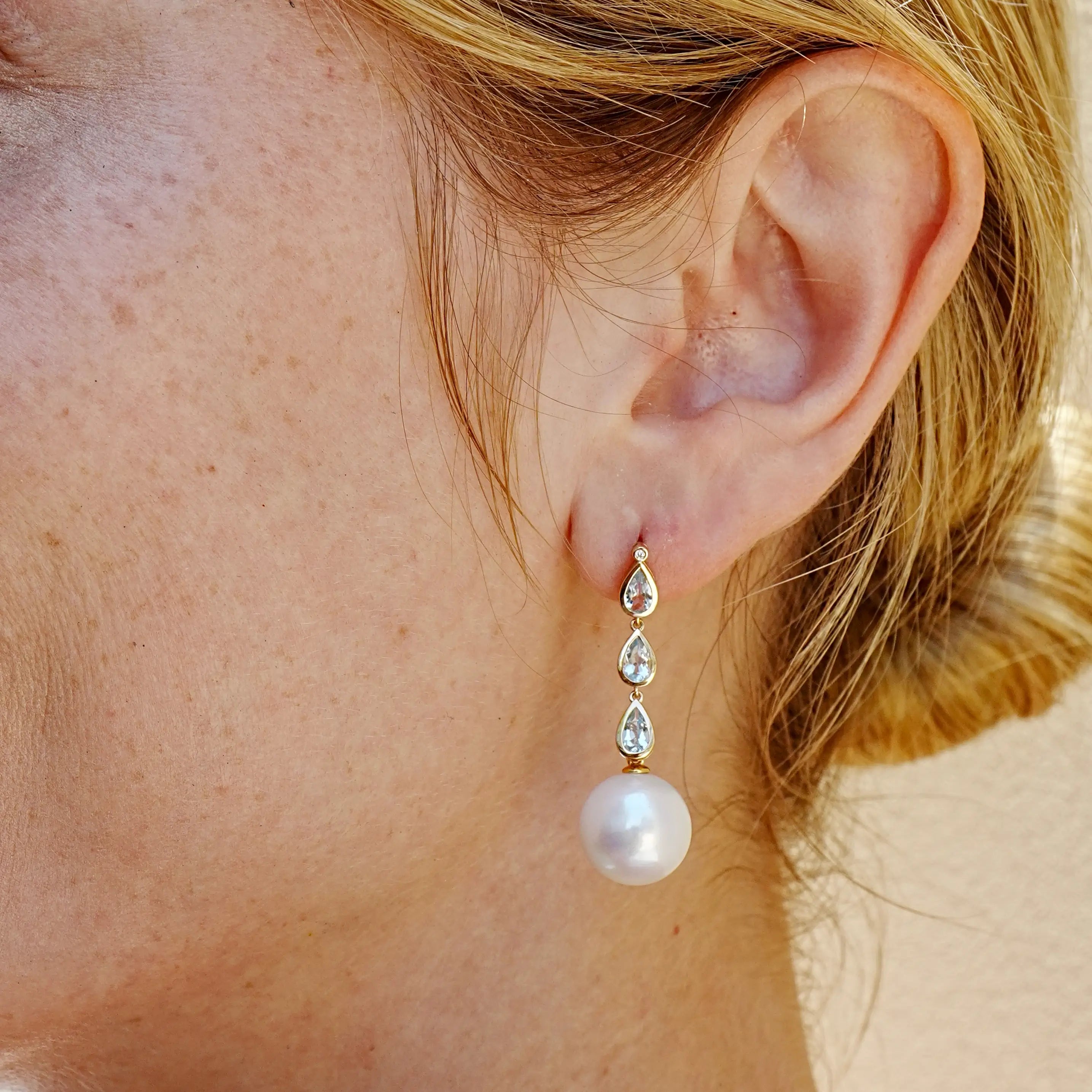 Venus Tears Aquamarine Diamond 12-13mm cultured Pearl Convertible Drop Earrings 14k yellow gold