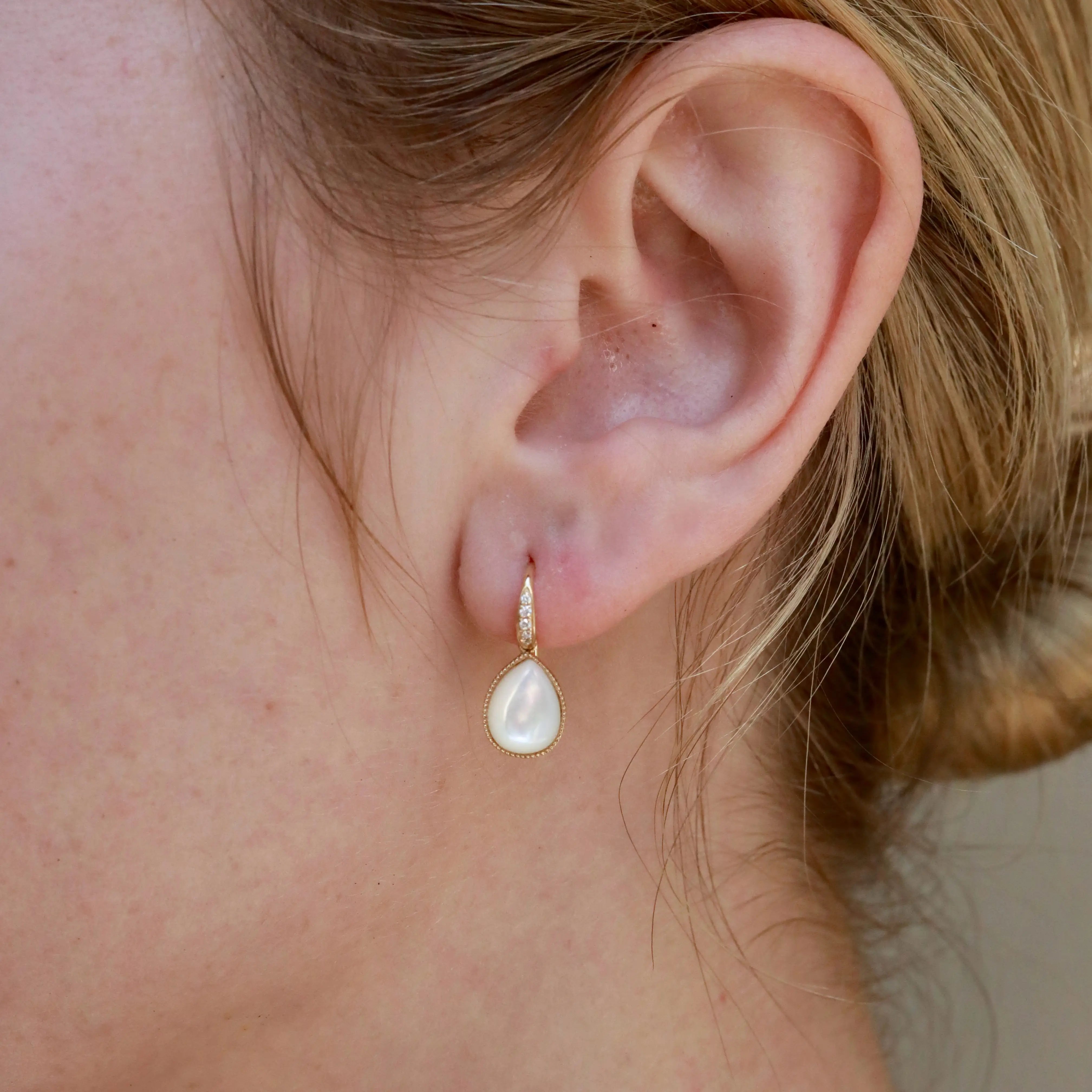 Aurora Pear Mother of Pearl Diamond Drop Earrings
