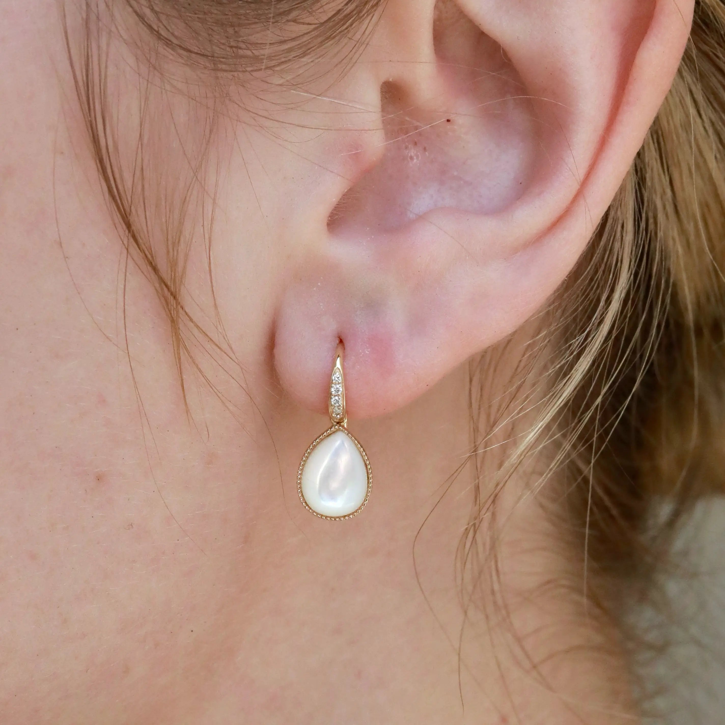 Aurora Natural Pear Mother of Pearl Diamond Drop Earrings 14k yellow gold