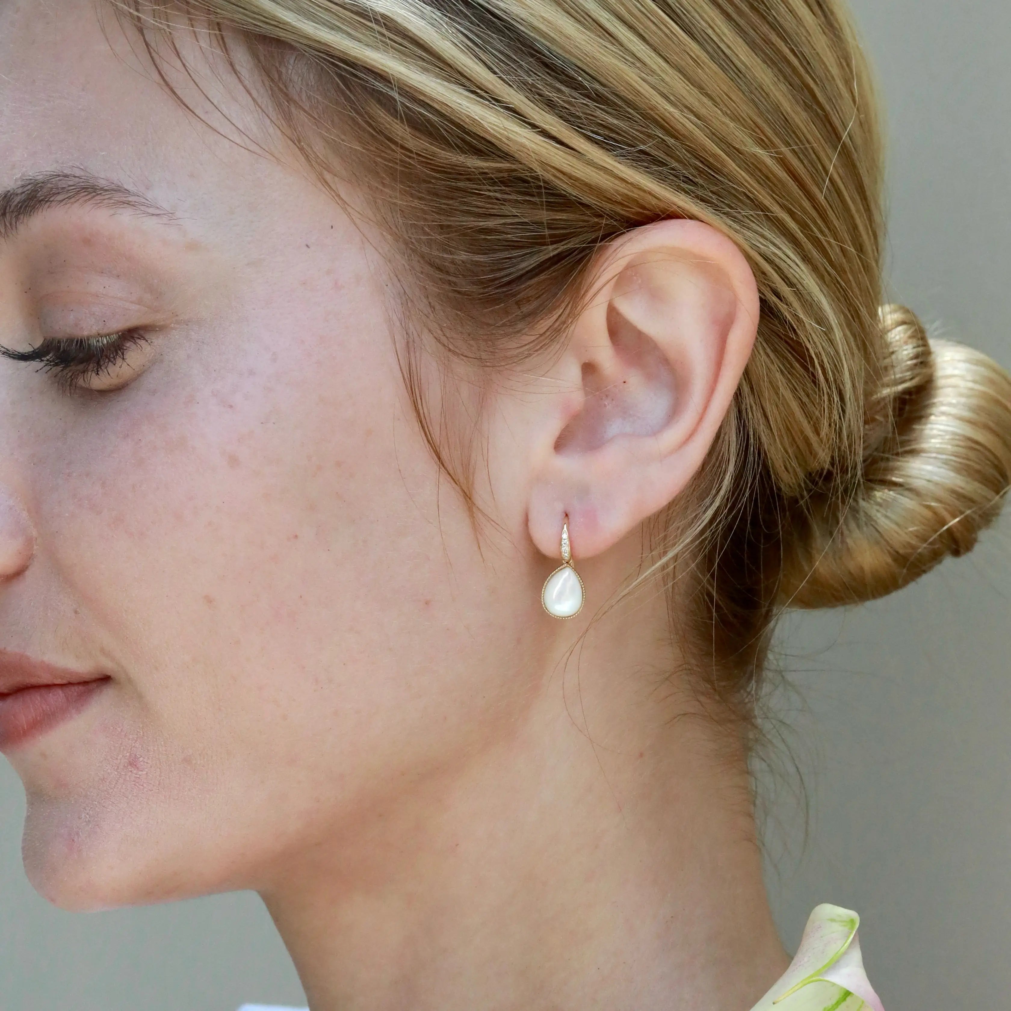 Aurora Natural Pear Mother of Pearl Diamond Drop Earrings 14k yellow gold