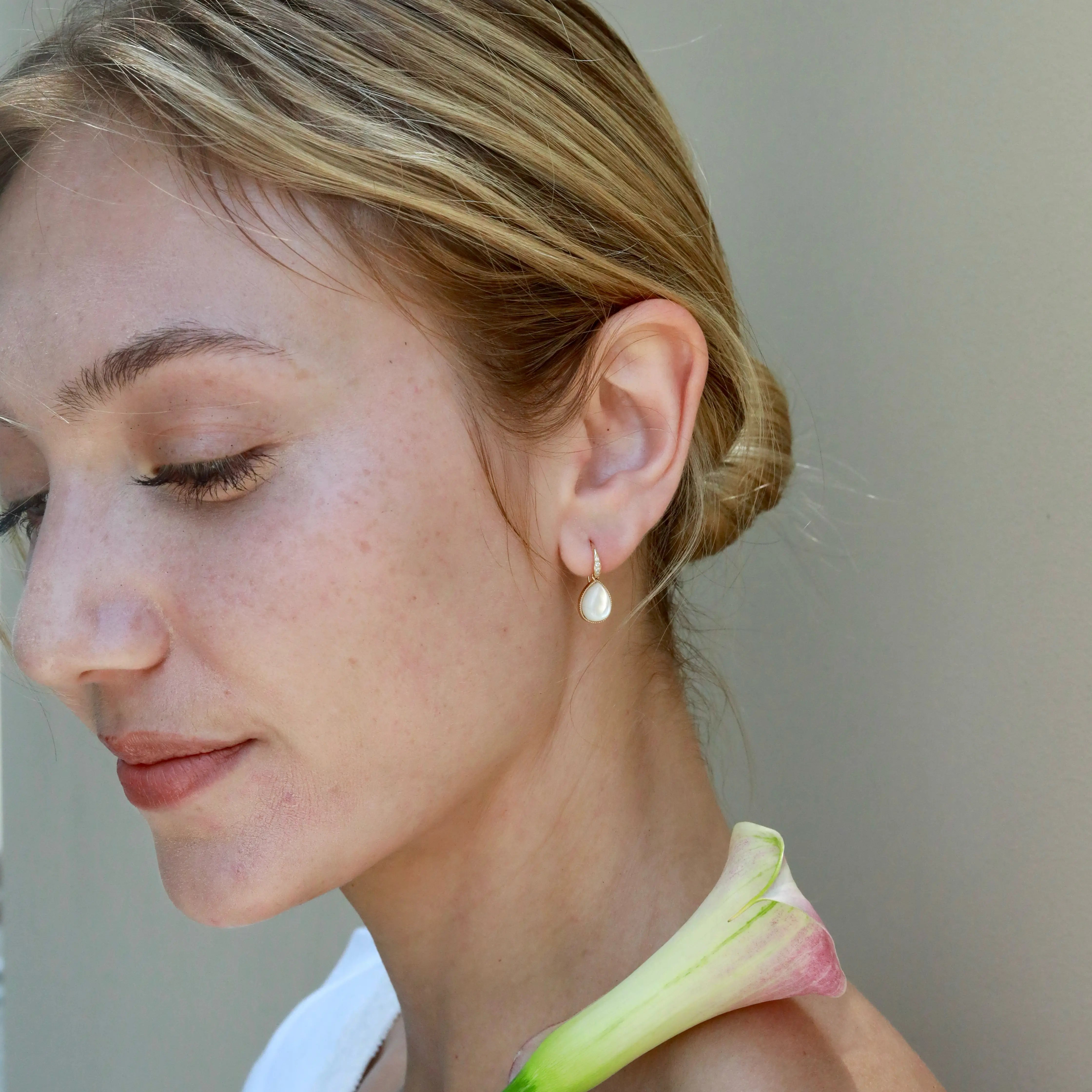Aurora Pear Mother of Pearl Diamond Drop Earrings