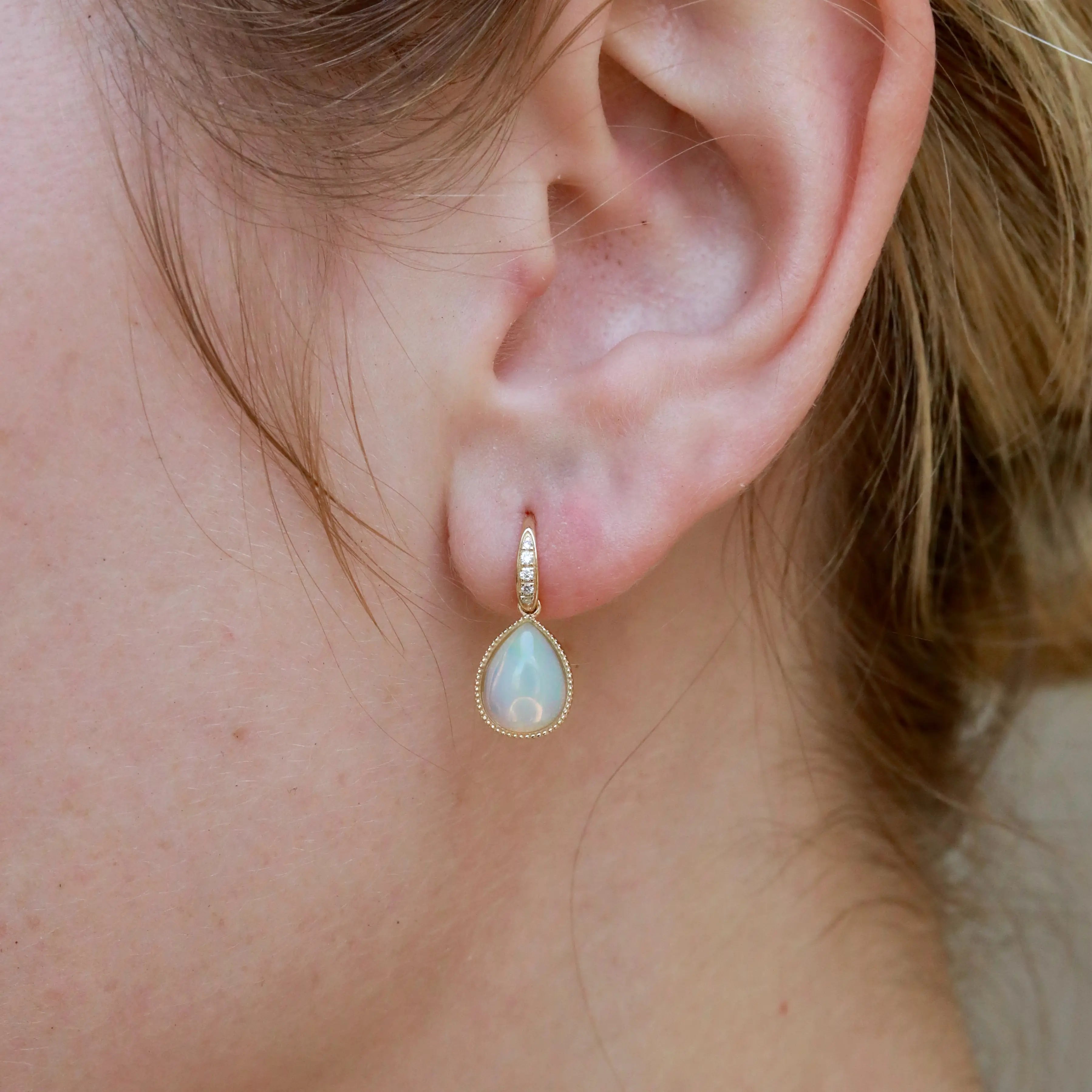 Aurora Pear Natural Fire Opal Diamond Drop Earrings 14k yellow gold