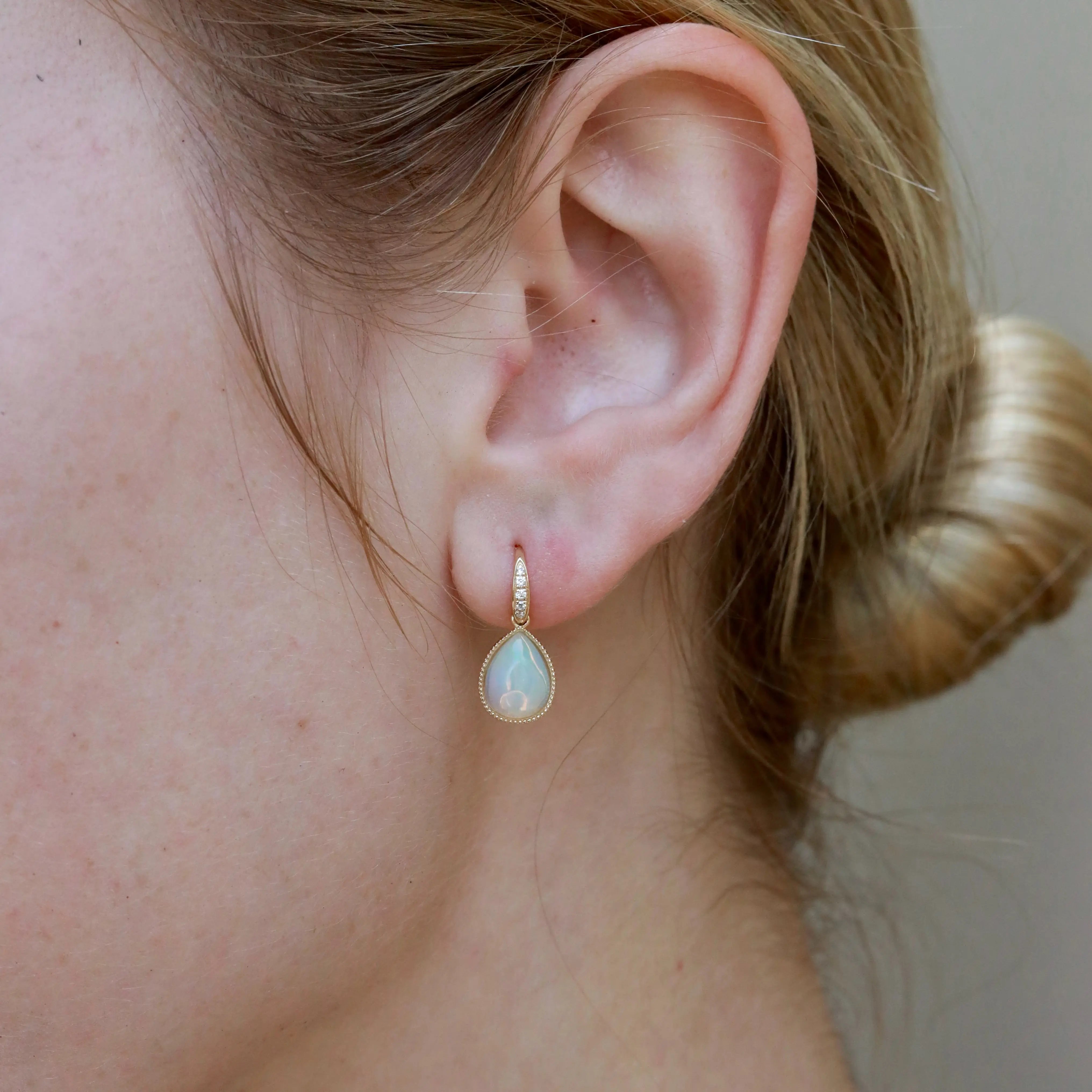 Aurora Pear Natural Fire Opal Diamond Drop Earrings 14k yellow gold