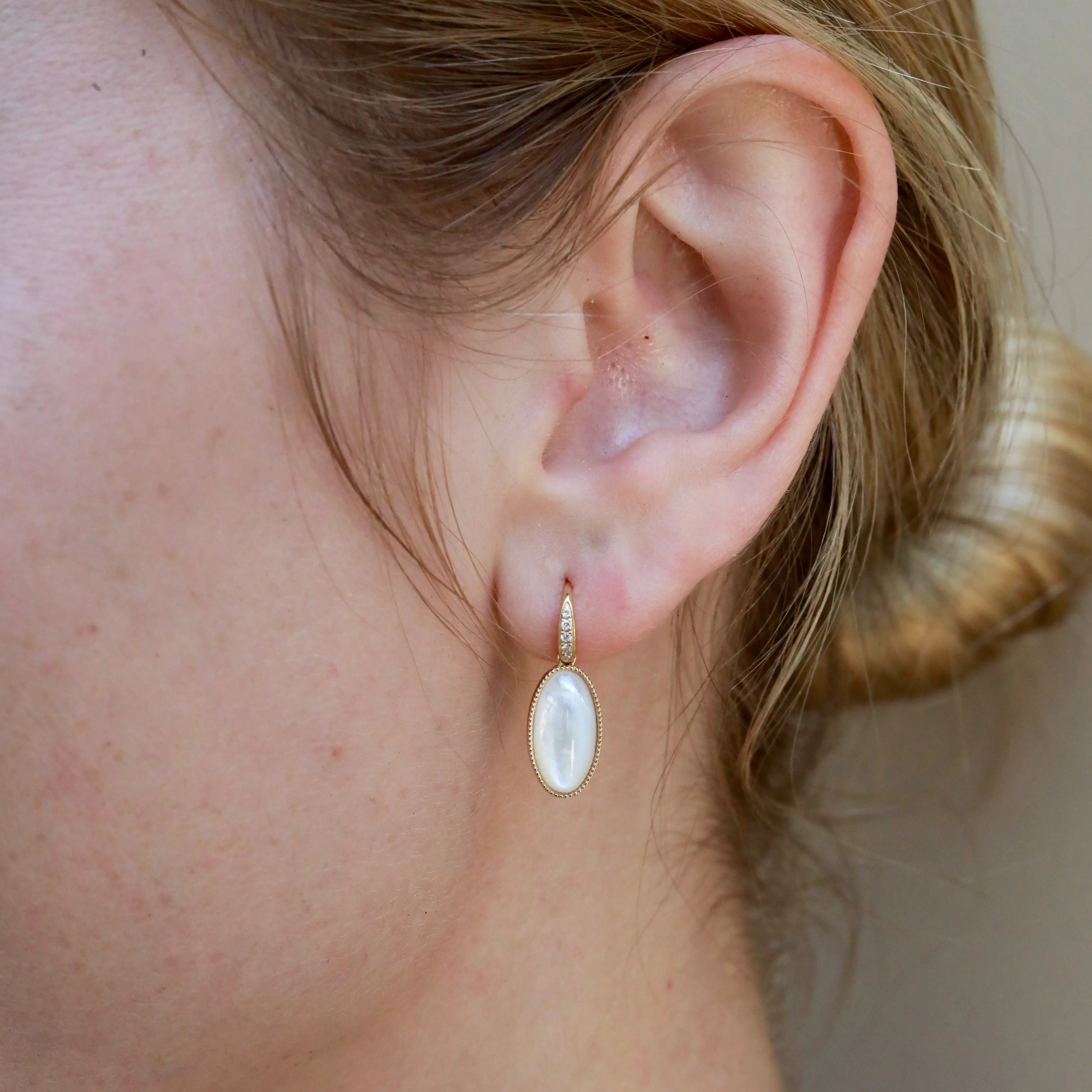 Aurora Oval Natural Mother of Pearl Diamond Drop Earrings 14k yellow gold