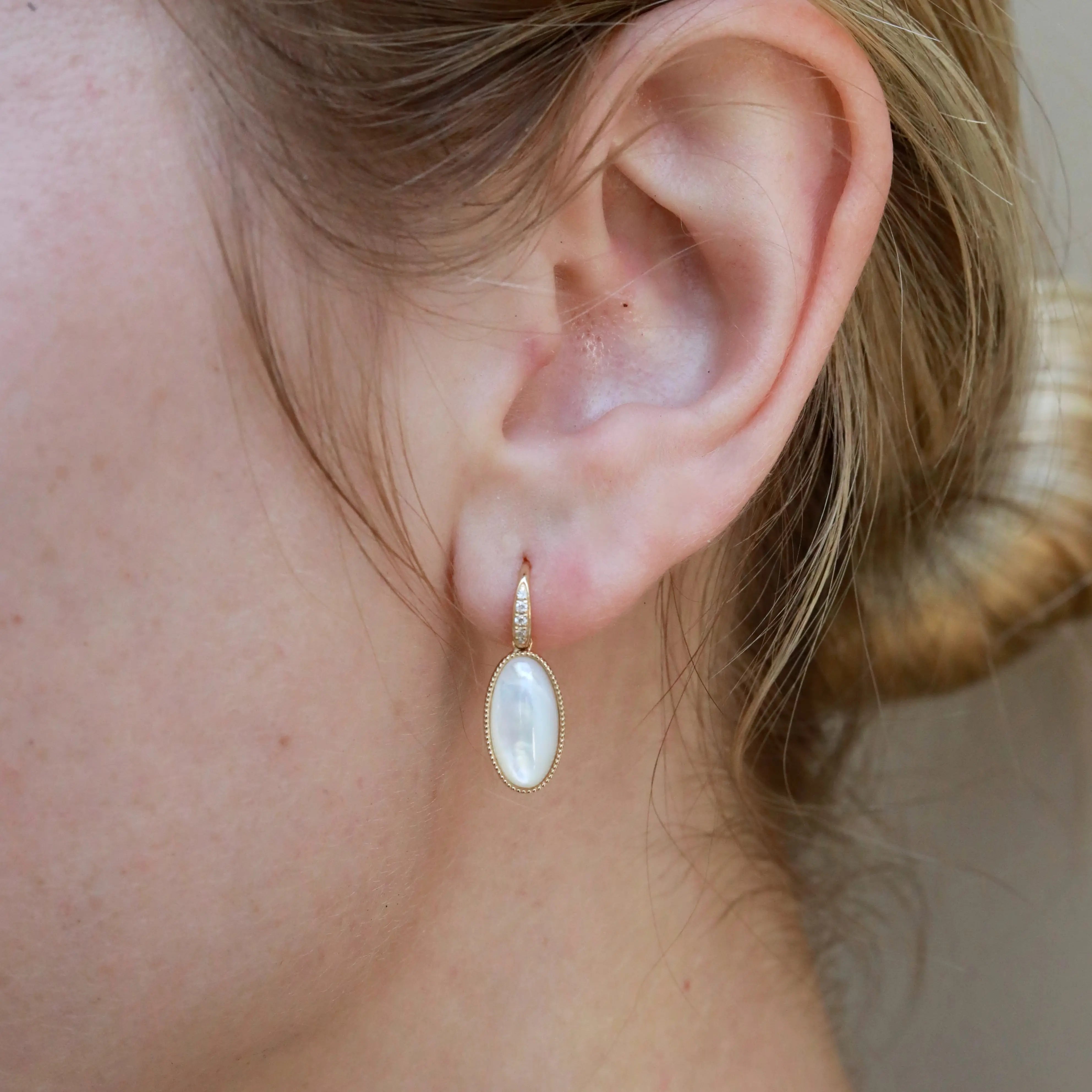 Aurora Oval Natural Mother of Pearl Diamond Drop Earrings 14k yellow gold