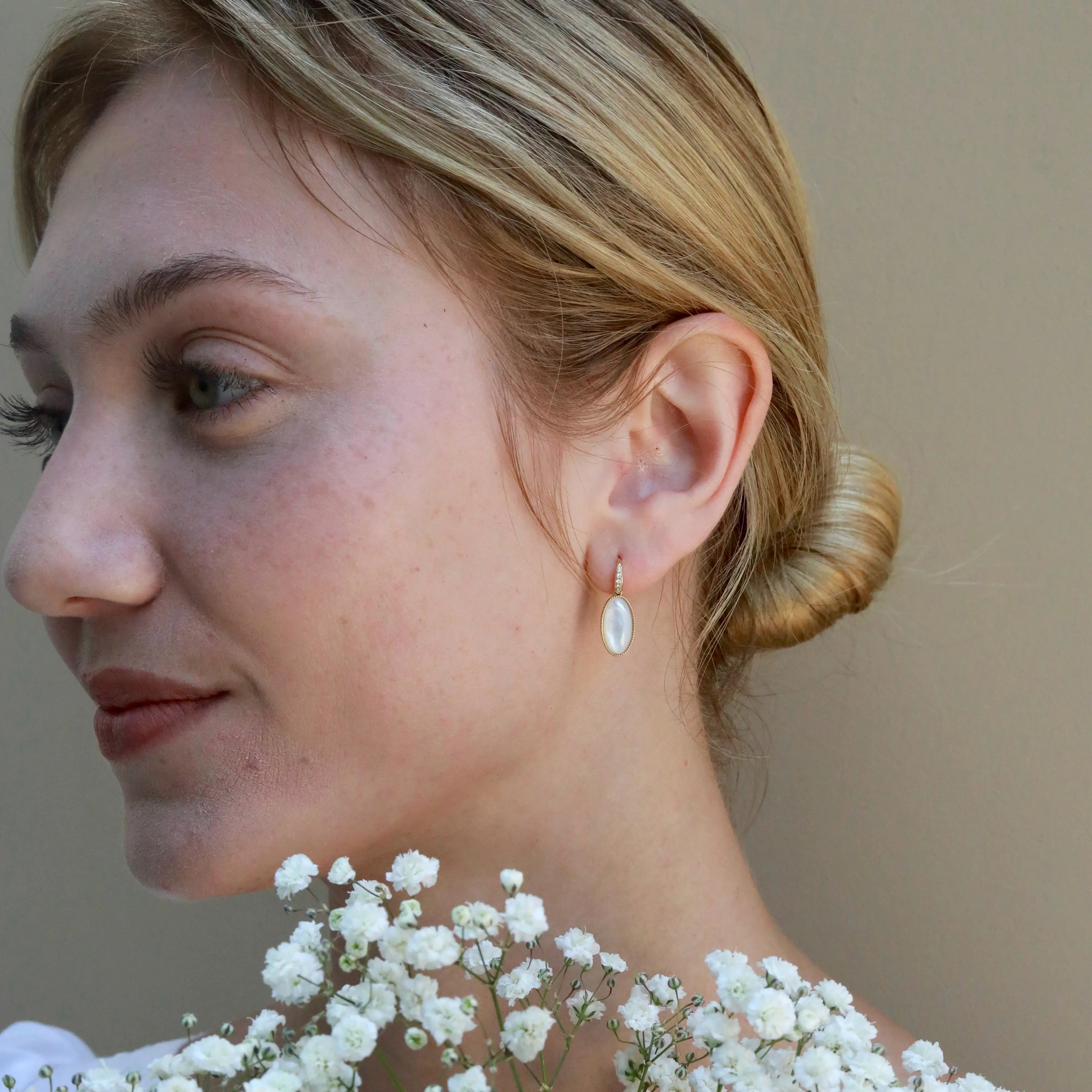 Aurora Oval Natural Mother of Pearl Diamond Drop Earrings 14k yellow gold