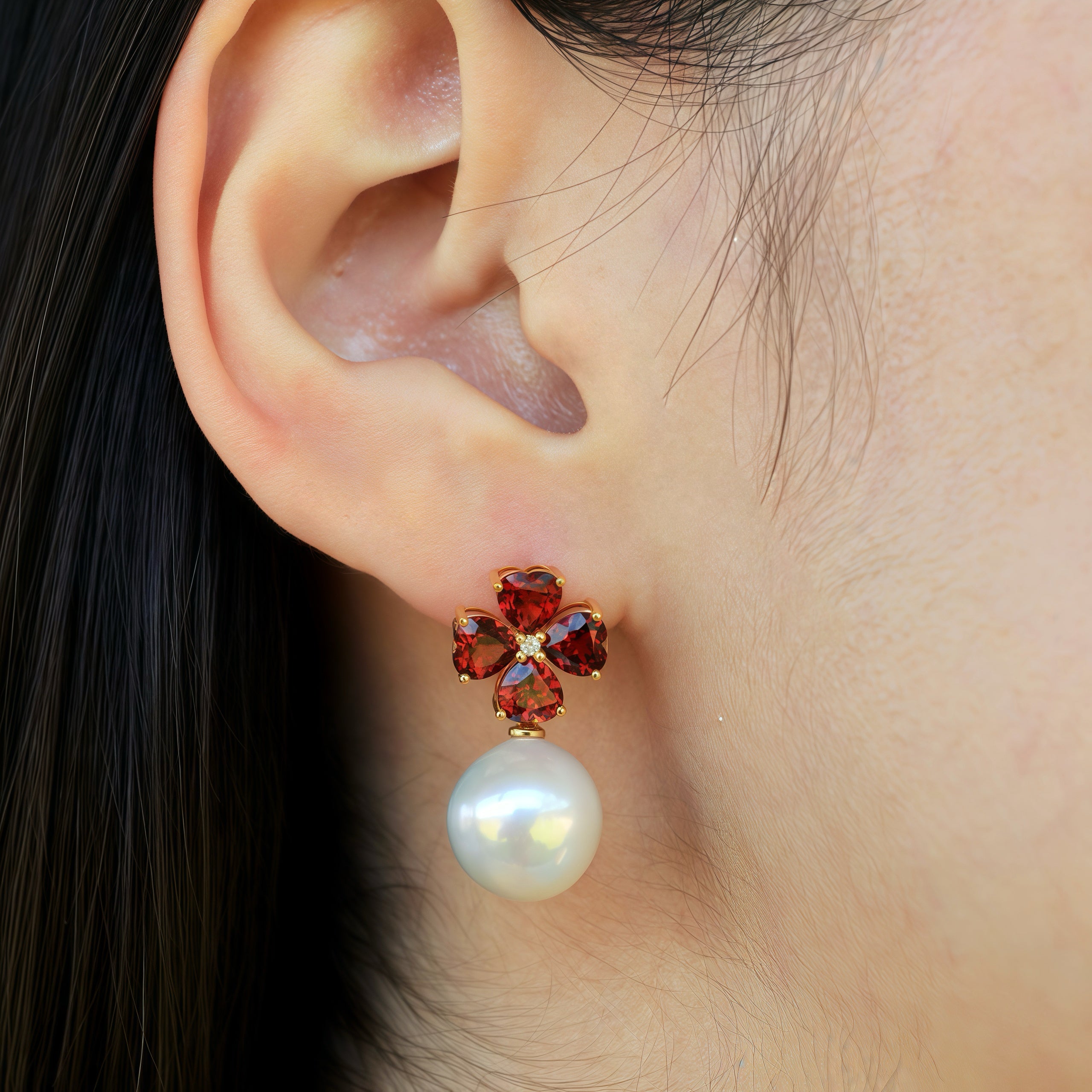 Felicia Garnet Diamond Clover Pearl Convertible Drop Earrings