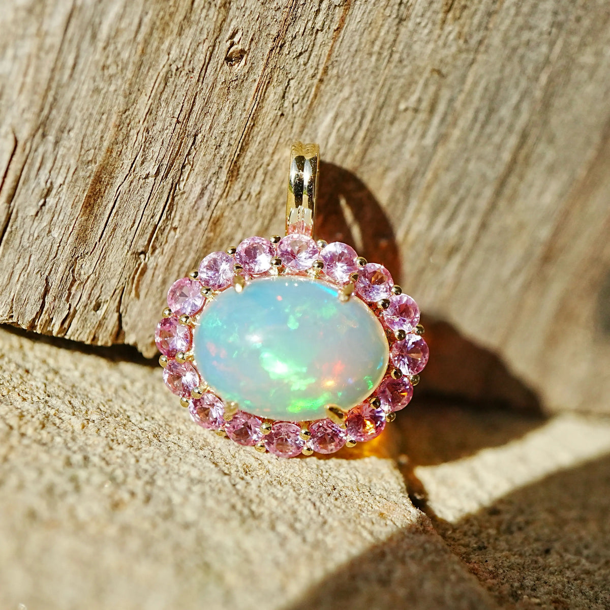 14k yellow gold Eden Halo 4.12 ctw Natural Opal & Pink Sapphire Diamond Lock Paperclip Chain Necklace (One-of-a-Kind)