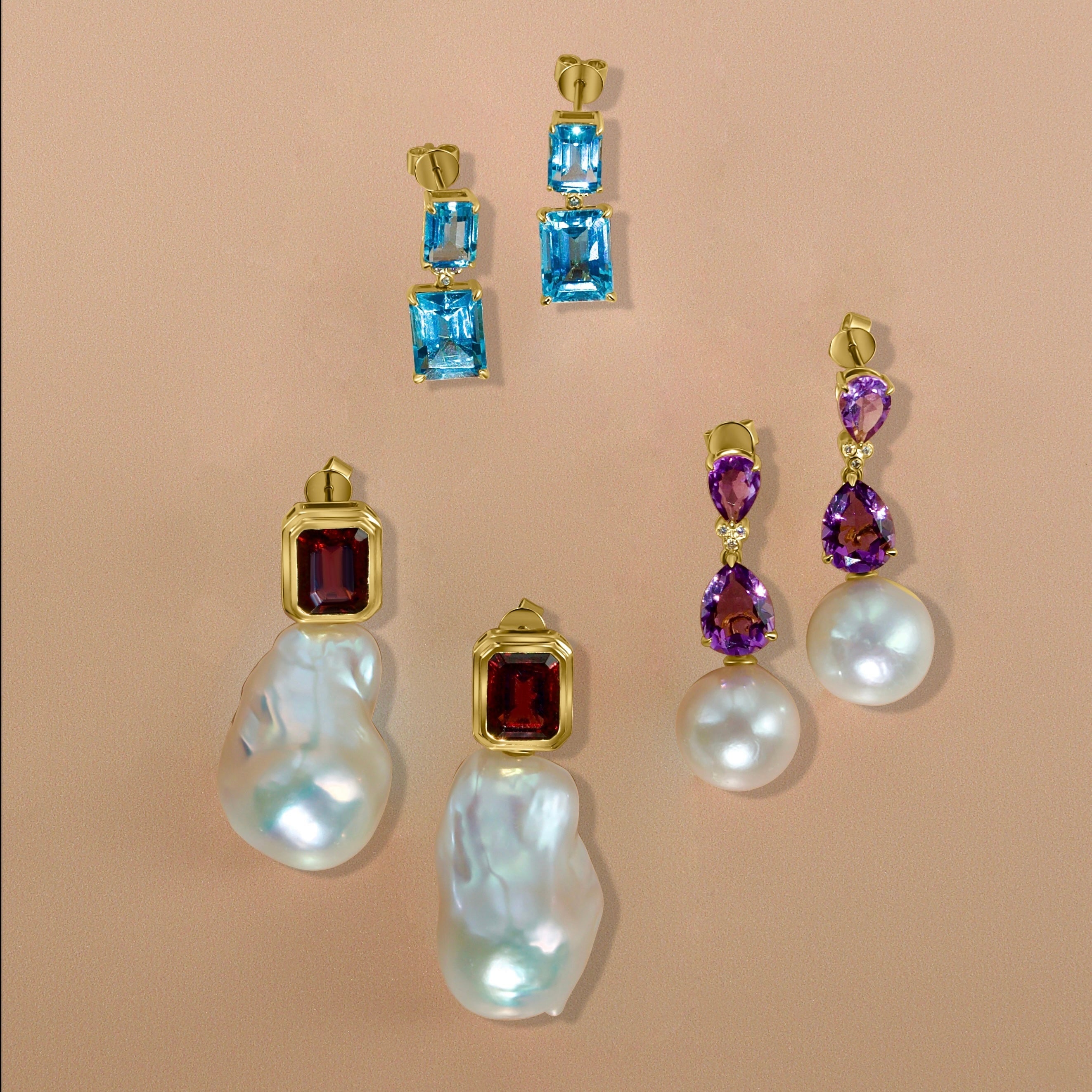 Bella Emerald-Cut Garnet Baroque Pearl Convertible Drop Earrings
