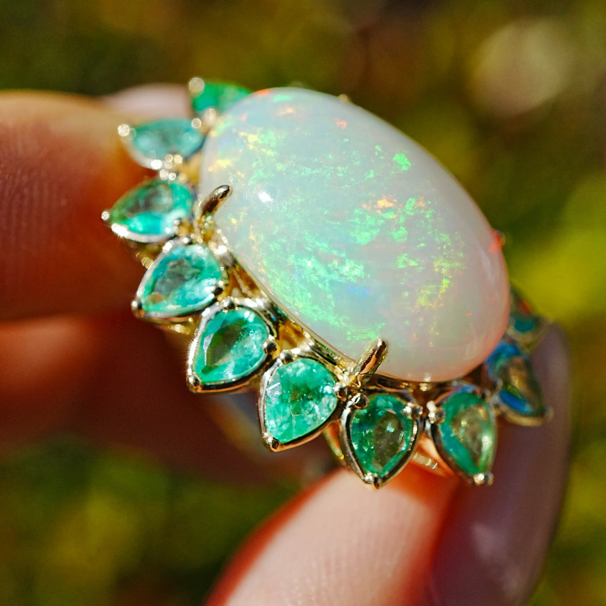 Bloom Halo 9.09 ctw Natural Opal & Emerald East-West Ring (One-of-a-Kind)