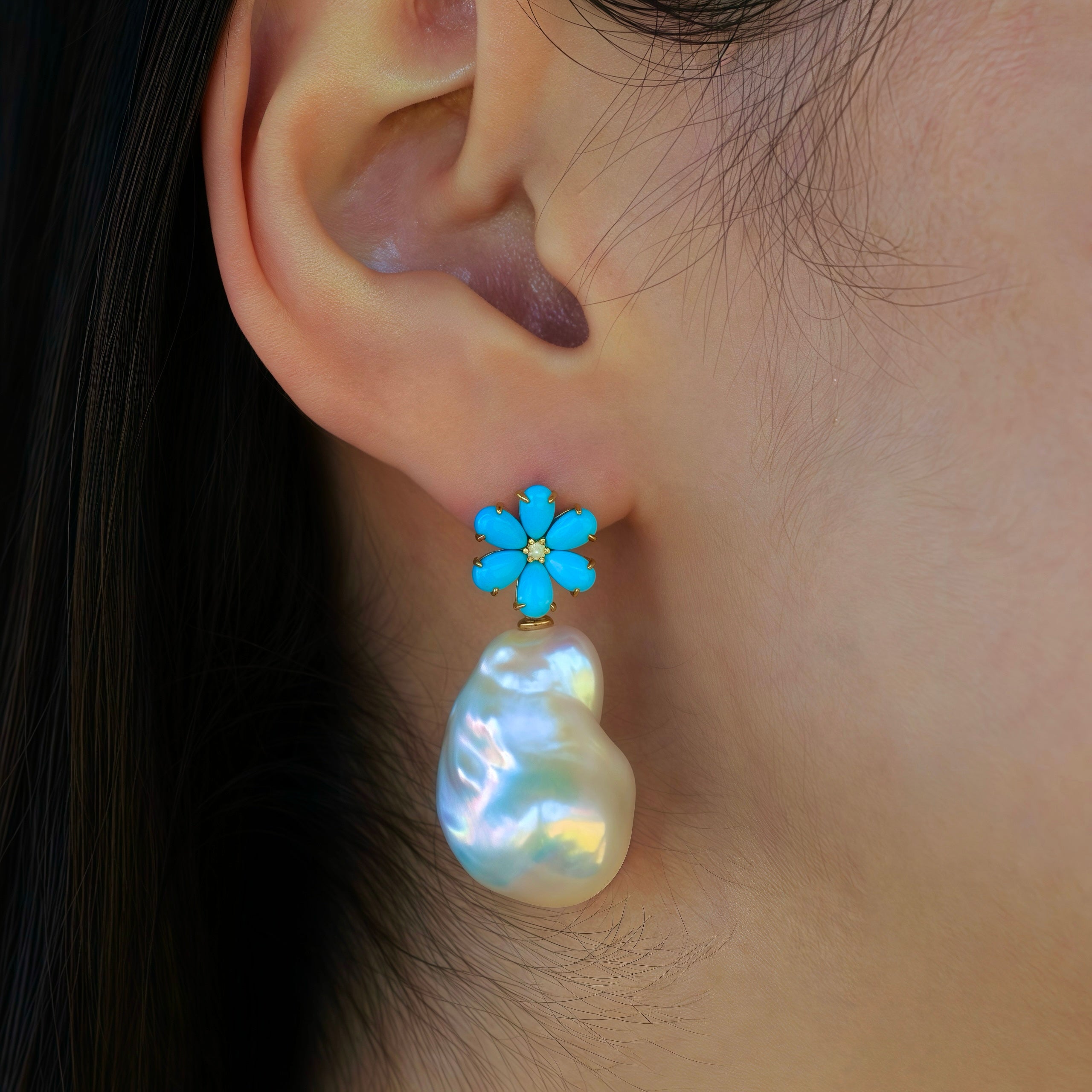 Flora Blossom Turquoise Diamond Baroque Pearl Convertible Drop Earrings