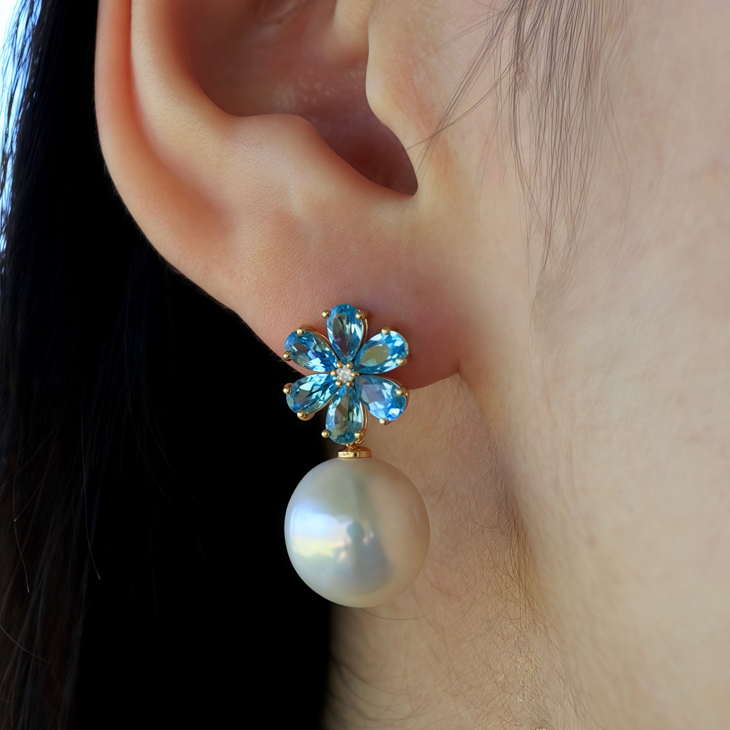 Flora Blossom Topaz Diamond Pearl Convertible Drop Earrings