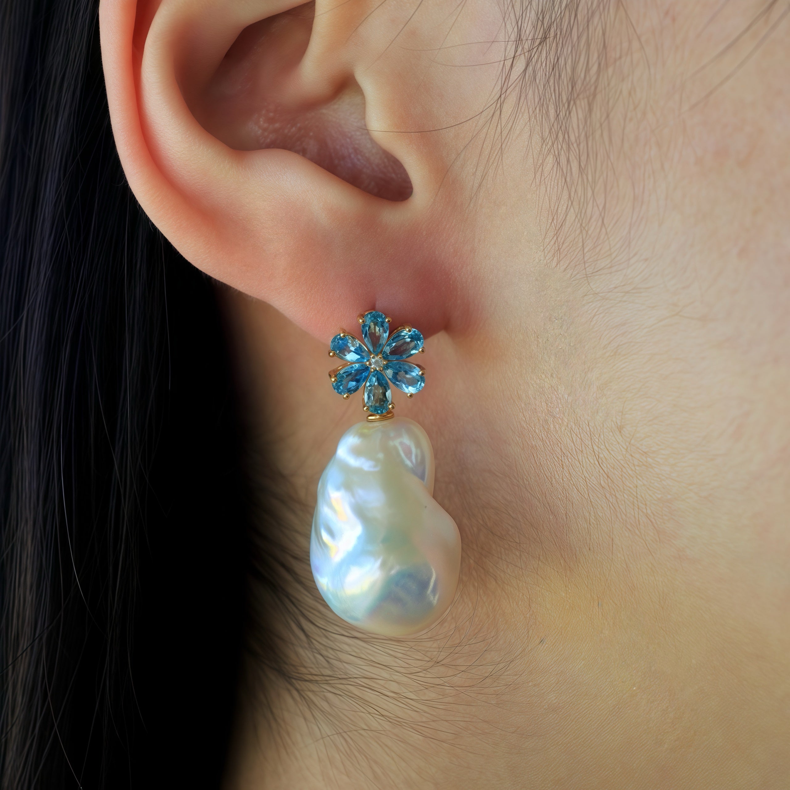 Flora Blossom Topaz Diamond Baroque Pearl Convertible Drop Earrings