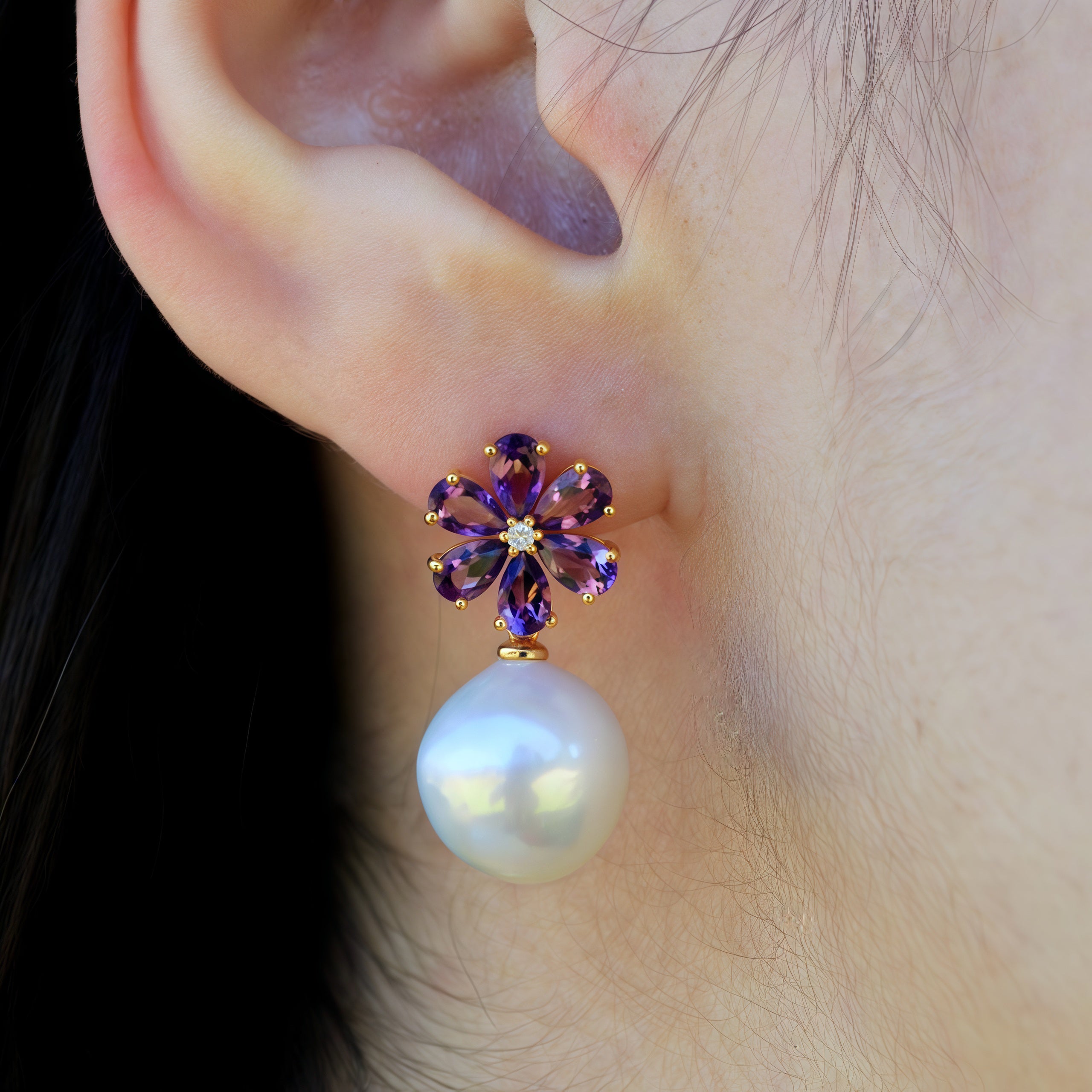 14k yellow gold purple amethsyt cultured pearl convertible drop earrings flora blossom jewelry