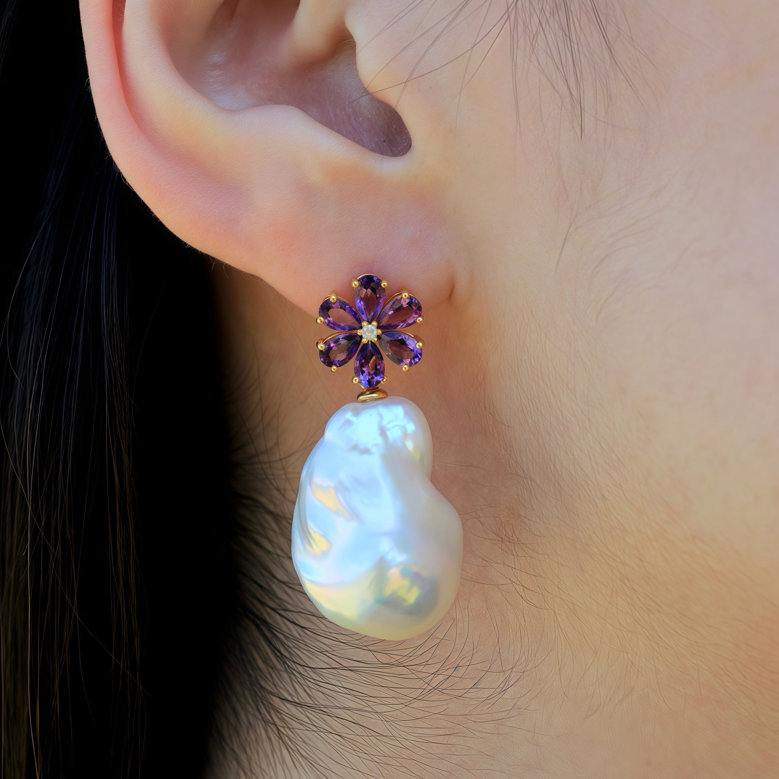14k yellow gold natural amethyst flower petal diamond cultured barpque pearl convertible drop earrings