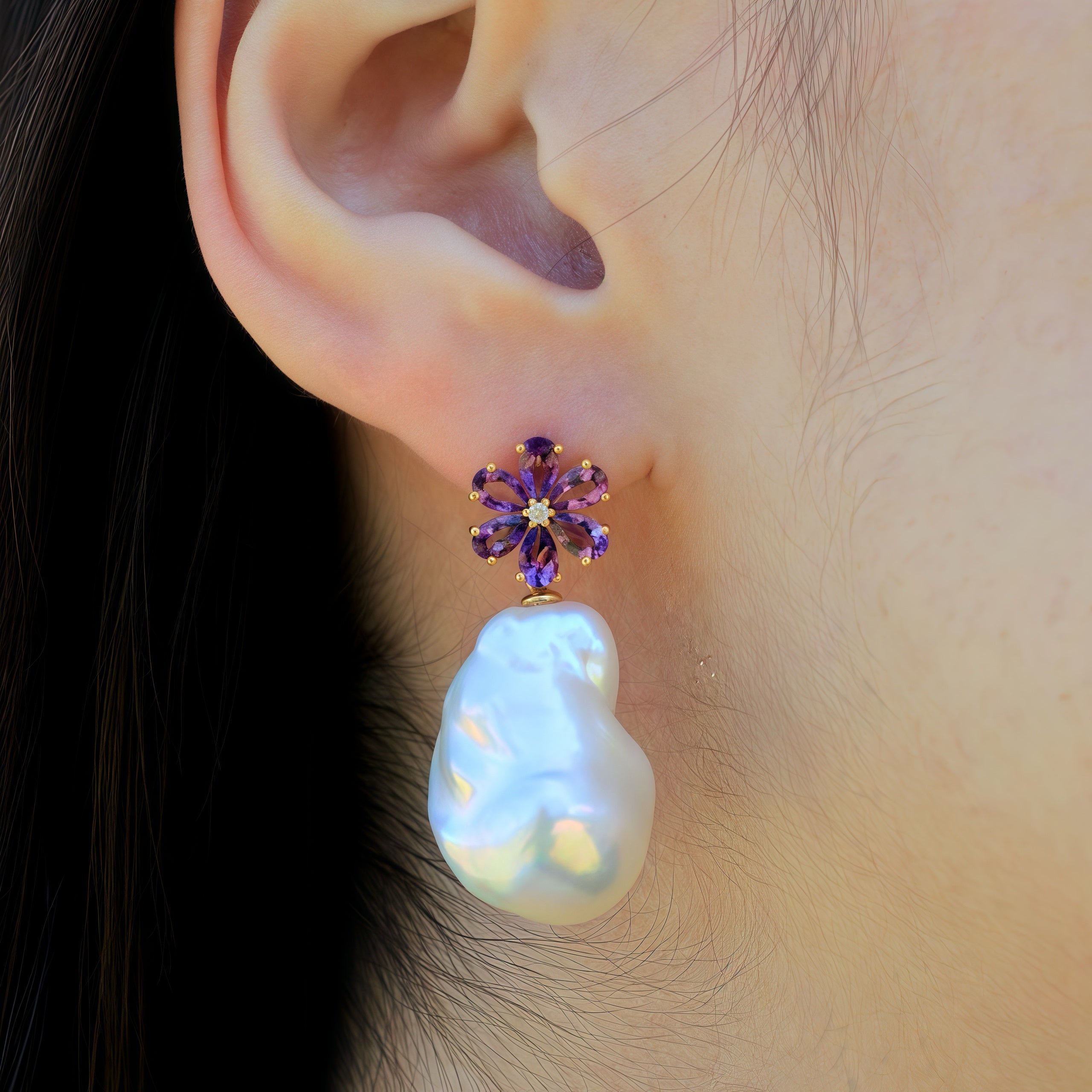 14k yellow gold purple amethyst flower petal diamond cultured barpque pearl convertible drop earrings