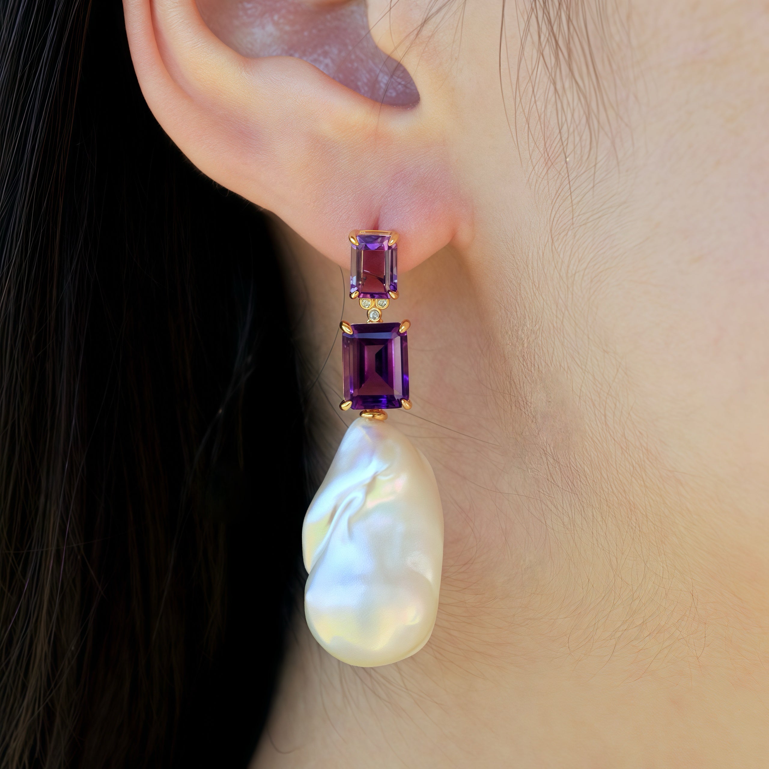 Divina Emerald-Cut Amethyst Diamond Baroque Pearl Convertible Drop Earrings