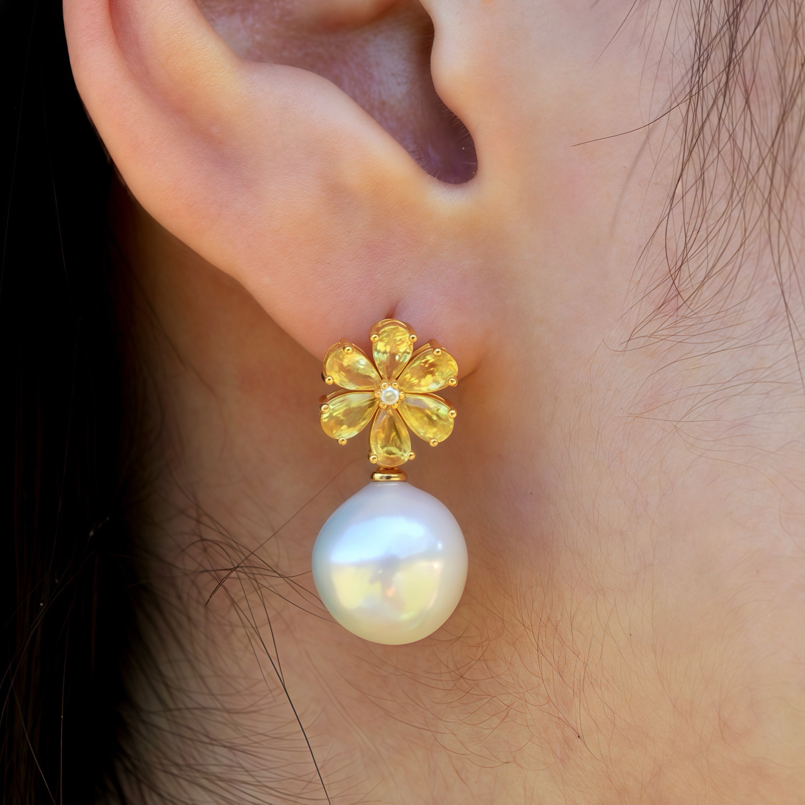 Flora Blossom Yellow Sapphire Diamond Pearl Convertible Drop Earrings