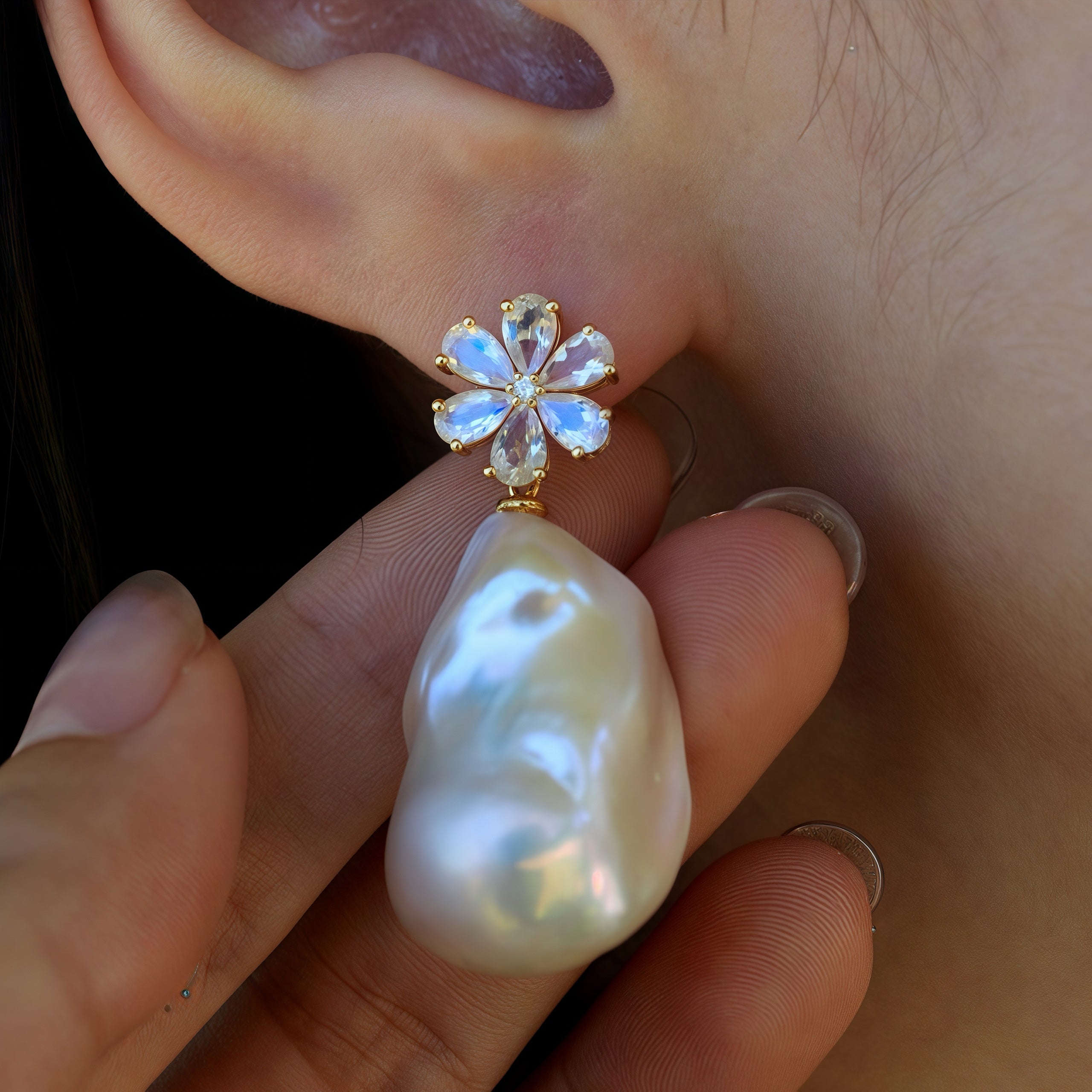 Flora Blossom Moonstone Diamond Baroque Pearl Convertible Drop Earrings