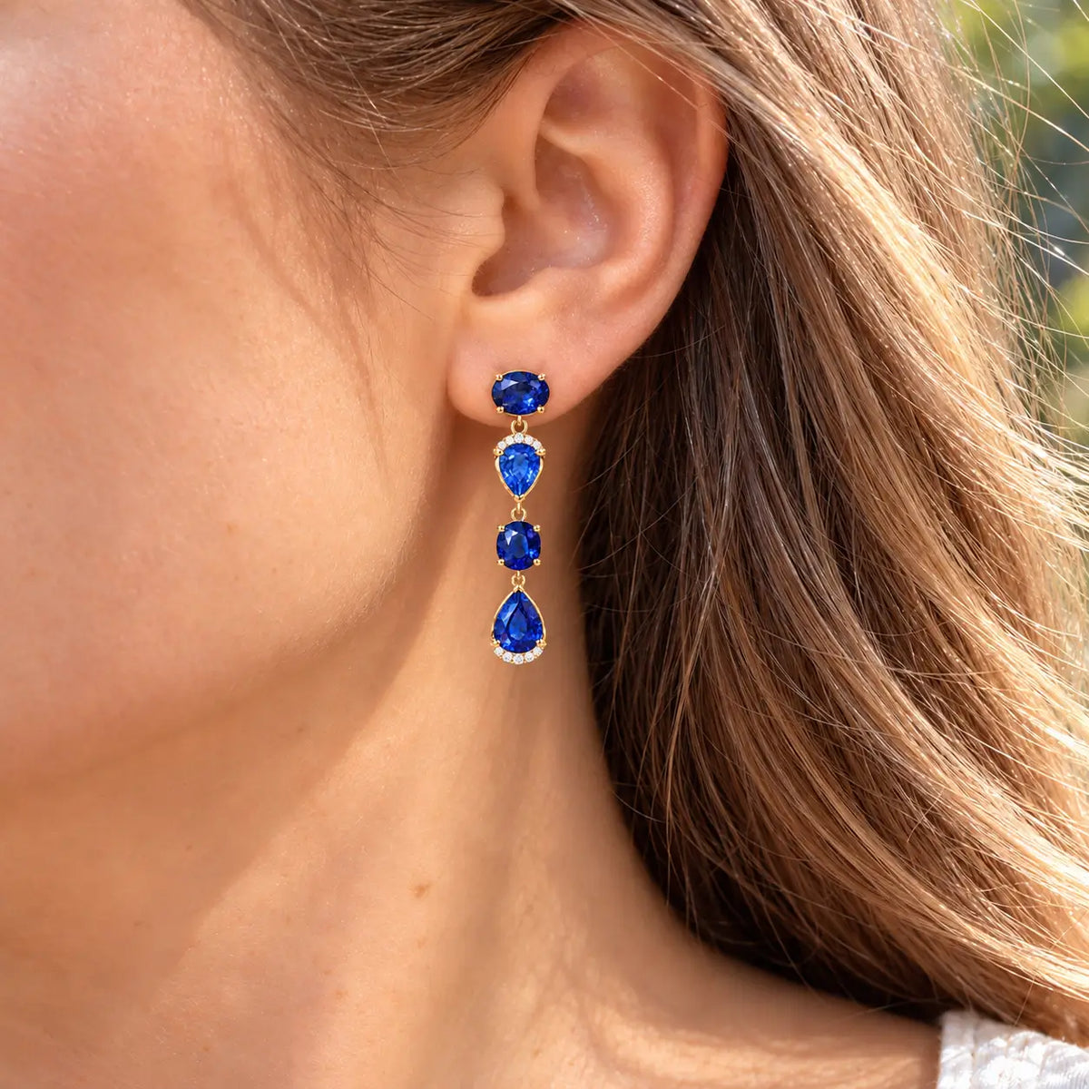 14k solid yellow gold Garden Melody AIGS Certified 5.13 ctw Natural Royal Blue Sapphire & Diamond Drop Earrings (One-of-a-Kind)