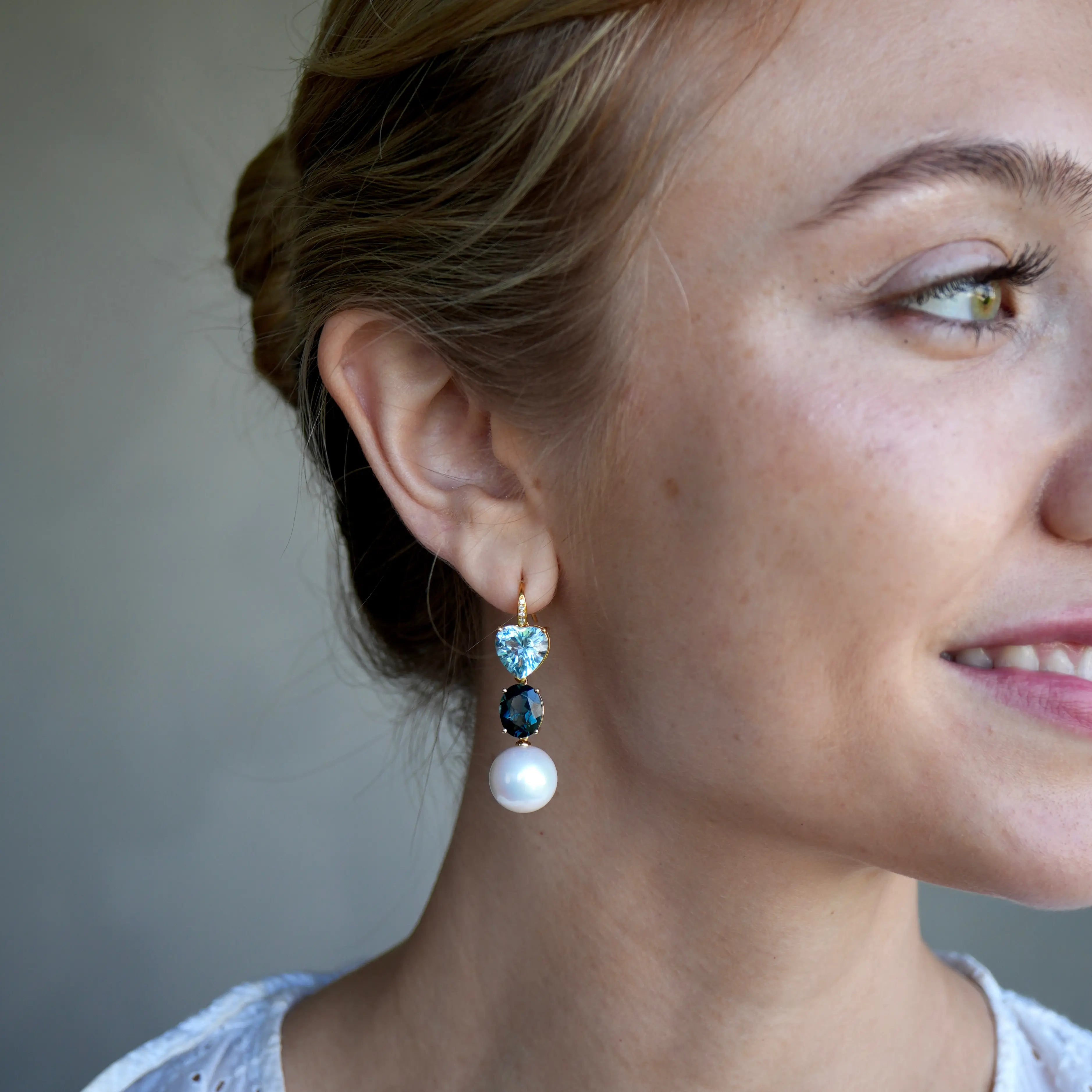 GemFusion Heart & Oval Natural Blue Topaz Diamond Pearl Convertible Drop Earrings 14k yellow gold