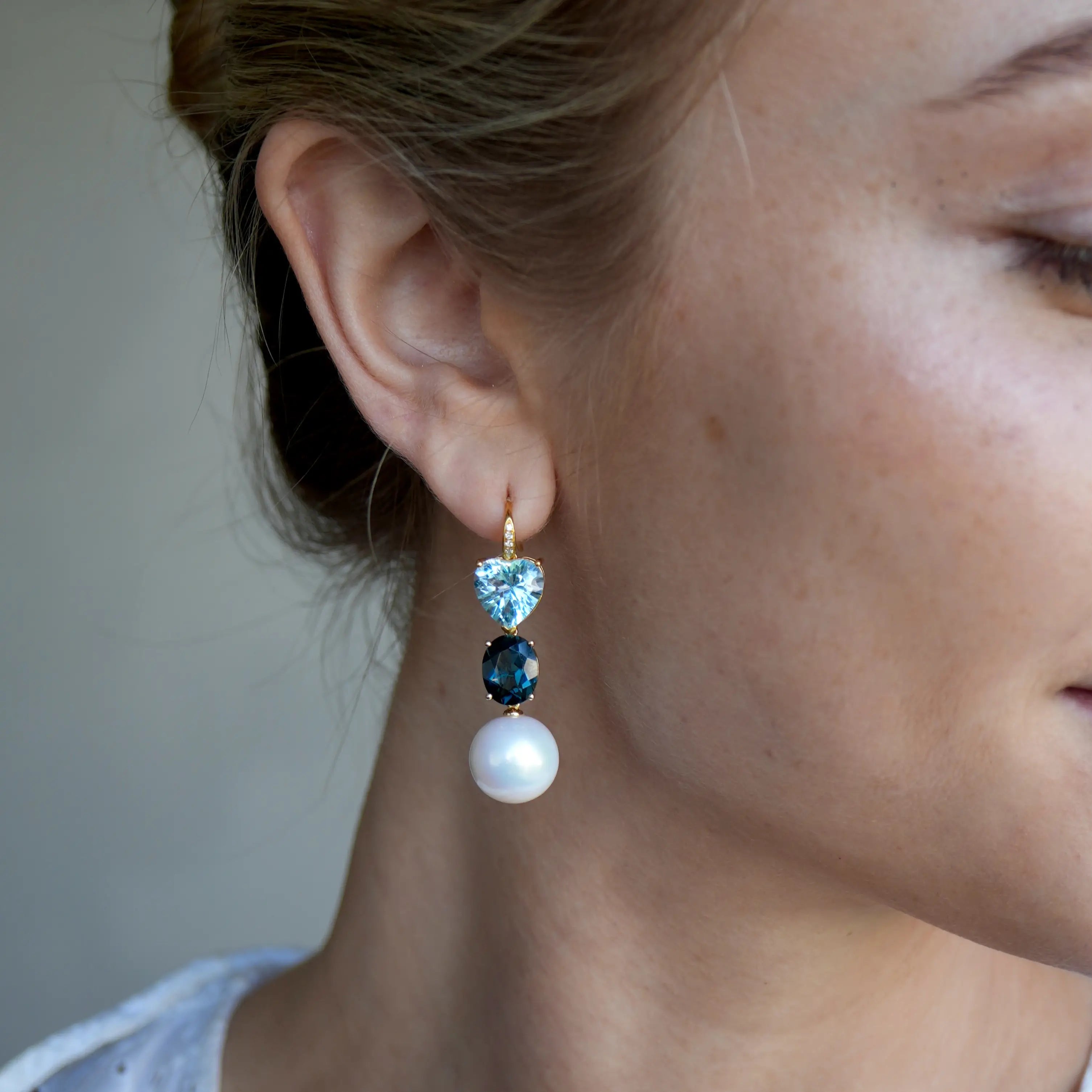 GemFusion Heart & Oval Natural Blue Topaz Diamond Pearl Convertible Drop Earrings 14k yellow gold