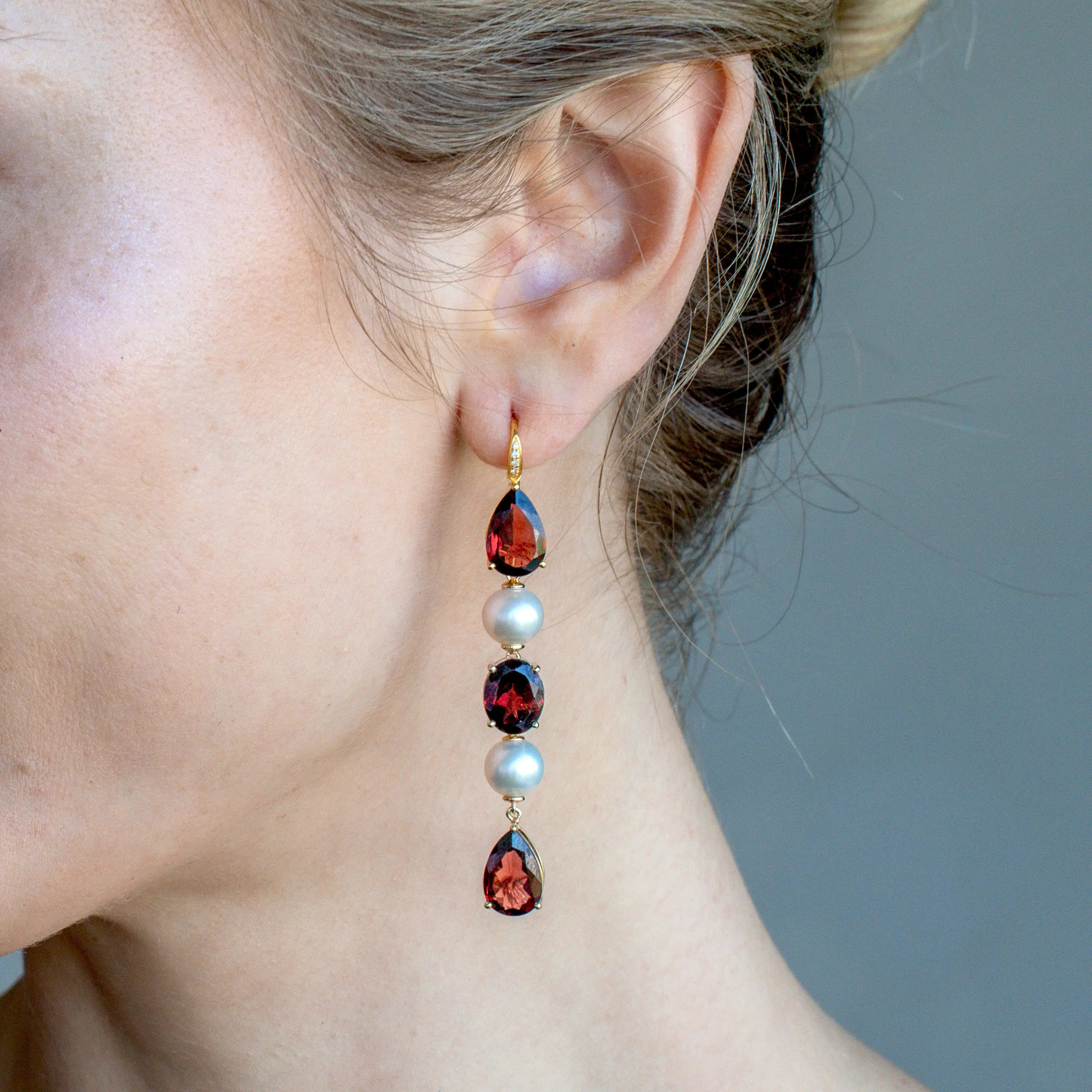 GemFusion Natural Garnet Diamond Pearl Convertible Drop Earrings 14k yellow gold
