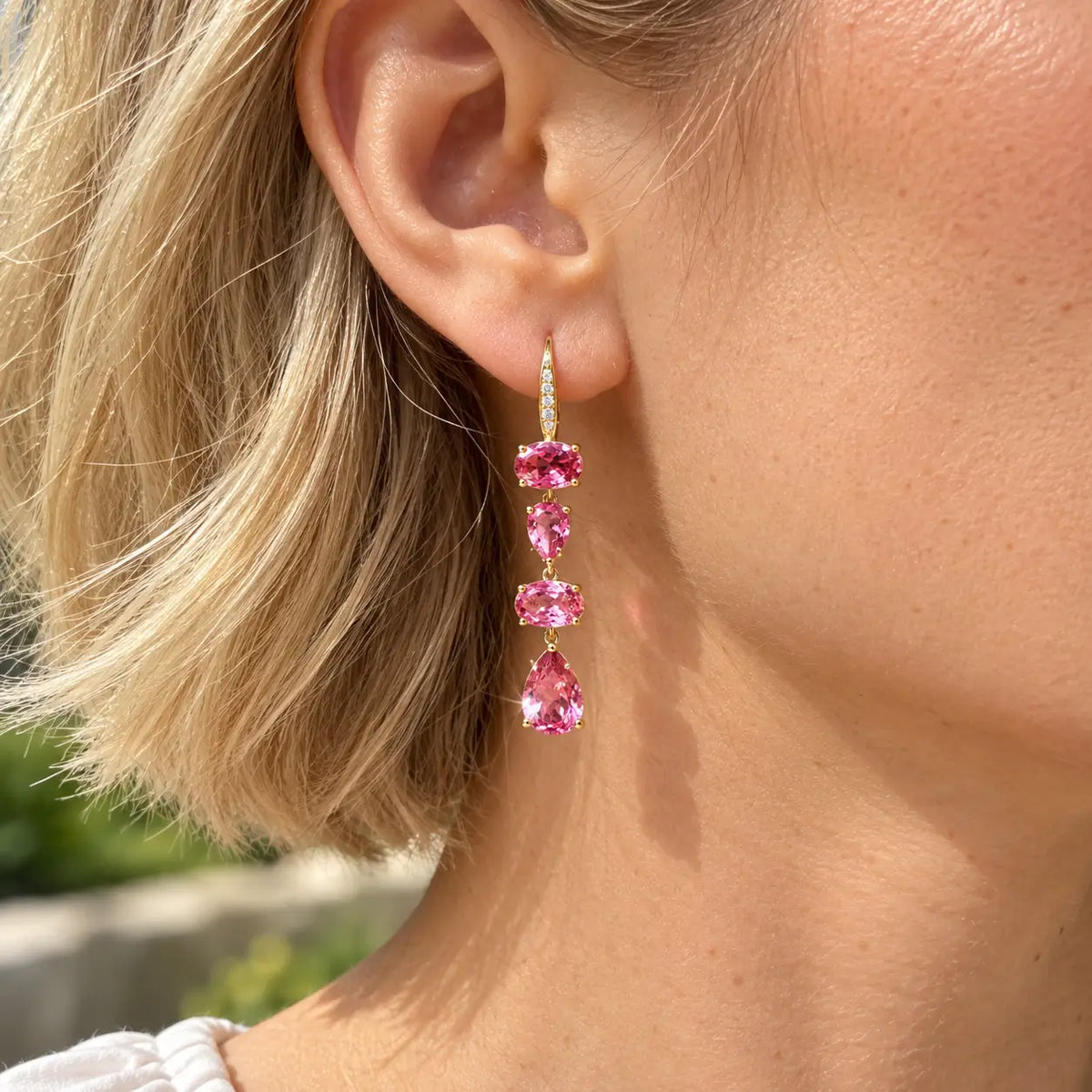 14k yellow gold Garden Melody 5.38 ctw Natural Pink Tourmaline & Diamond Drop Earrings (One-of-a-Kind)