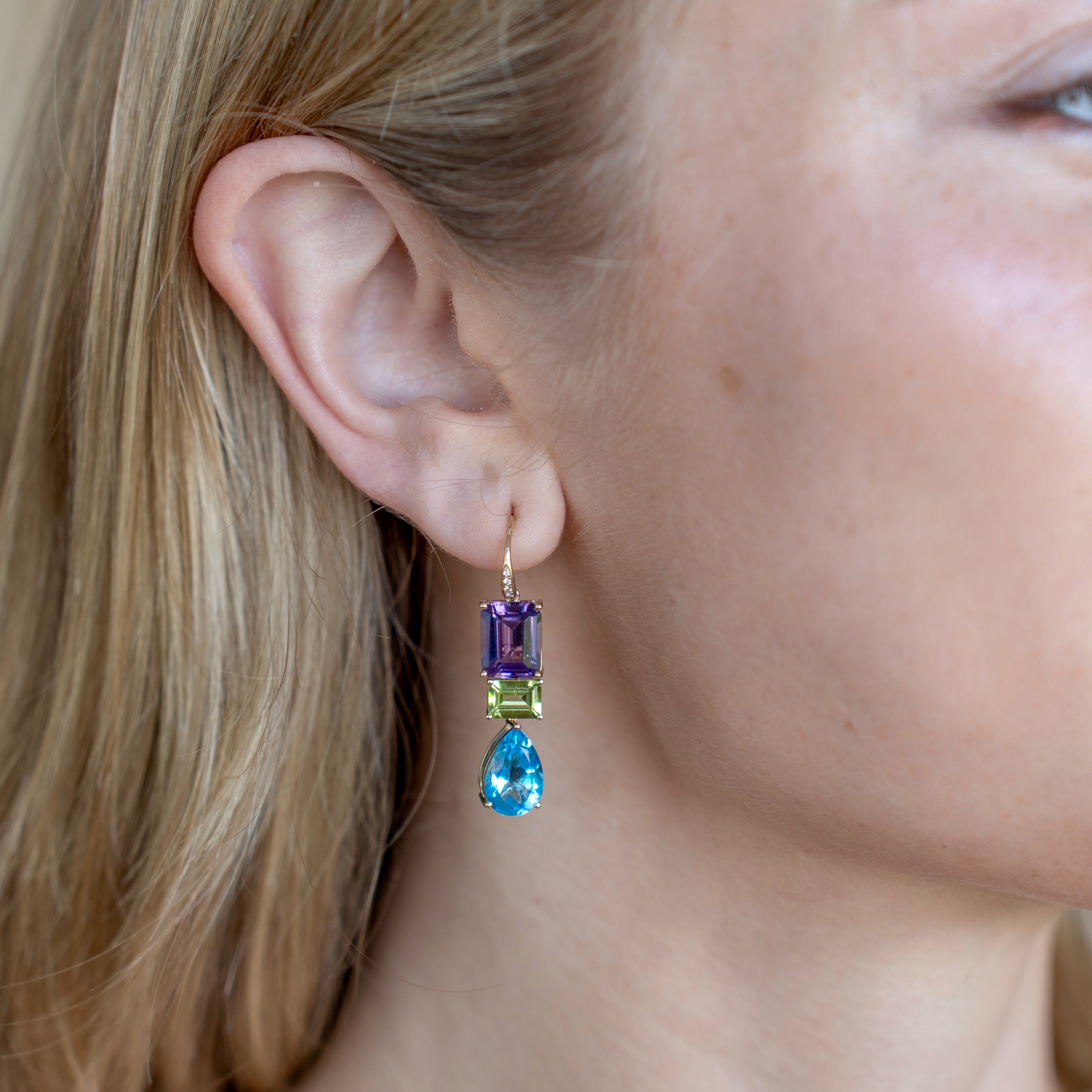 GemFusion Natural Amethyst Peridot Topaz Diamond Convertible Drop Earrings 14k yellow gold
