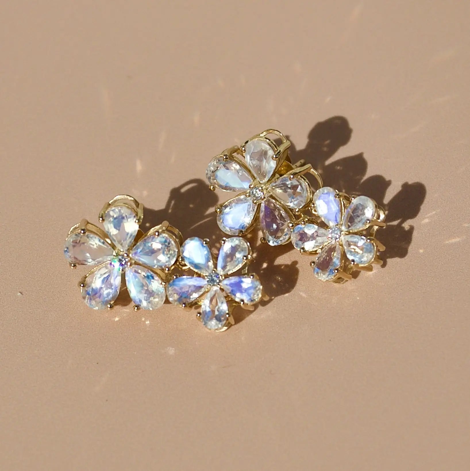 Nina Zhou x Kai 14k Gold Nautral Moonstone & Diamond Double Blossom Drop Earrings