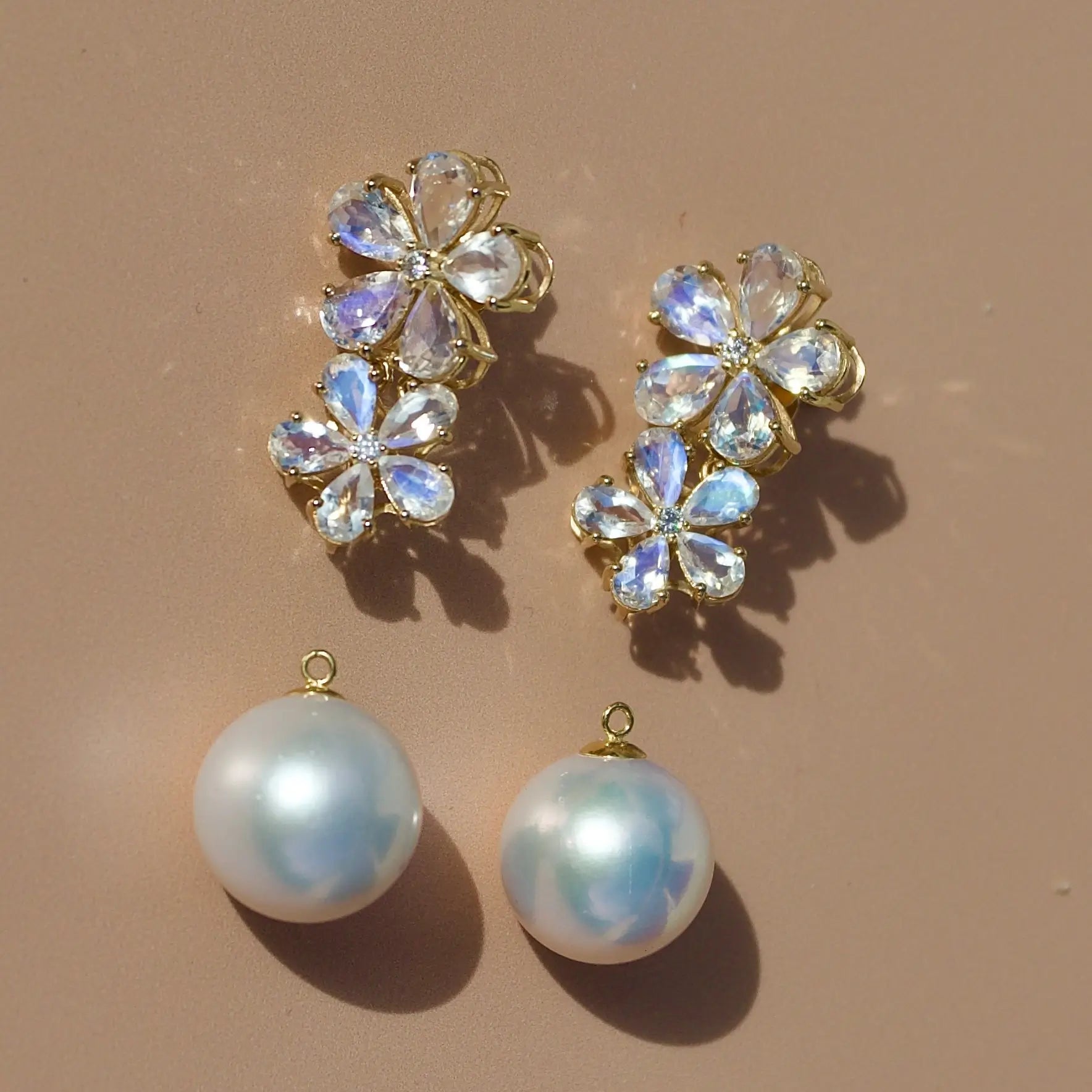 Nina Zhou x Kai 14k Gold Nautral Moonstone & Diamond Double Blossom Freshwater Pearl Convertible Drop Earrings