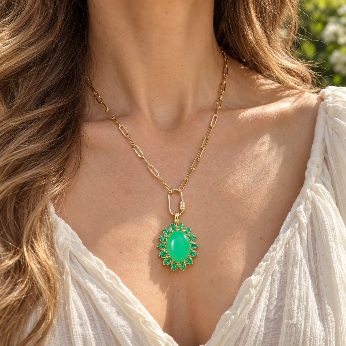 14k yellow gold Bloom Halo 13.02 ctw Natural Australian Chrysoprase & Emerald Diamond Lock Paperclip Chain Necklace (One-of-a-Kind)