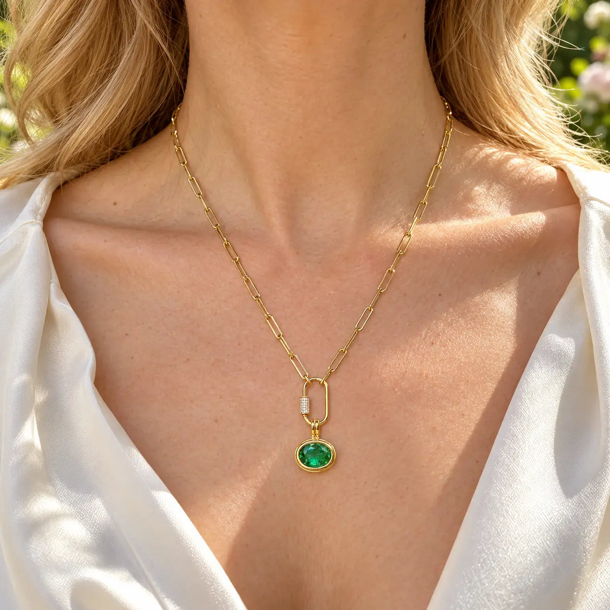14k yellow gold Bella AIGS Certified 1.70ct Natural Emerald Diamond Lock Paperclip Chain Necklace (One-of-a-Kind)