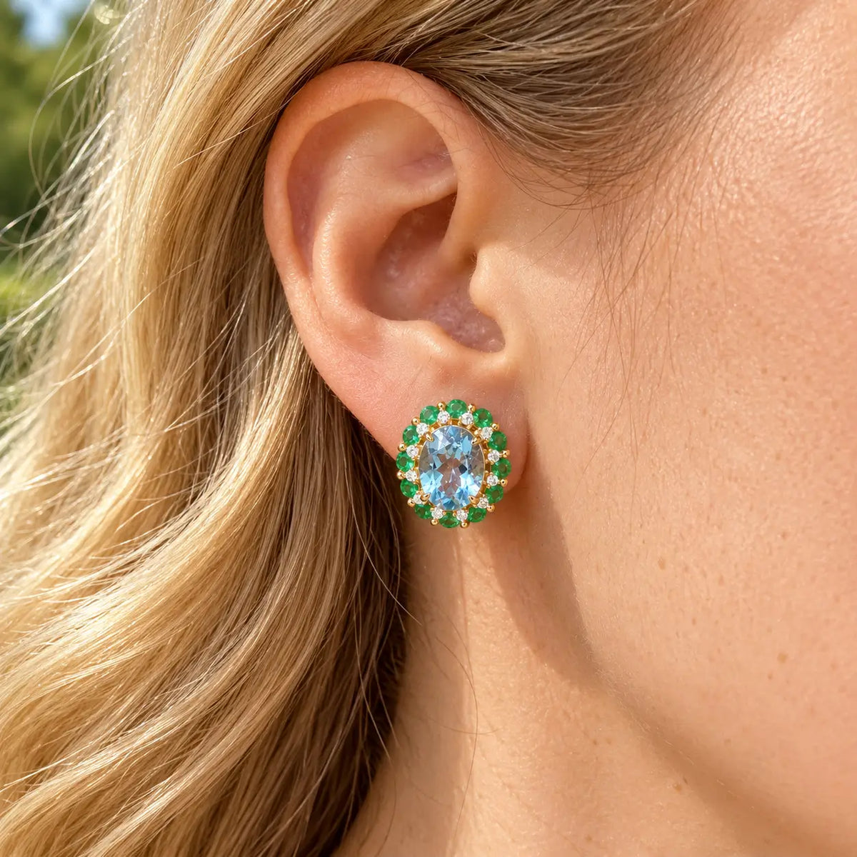 Belle Halo 5.72 ctw AIGS Certified Santa Maria Aquamarine, Emerald & Diamond Earrings (One-of-a-Kind)