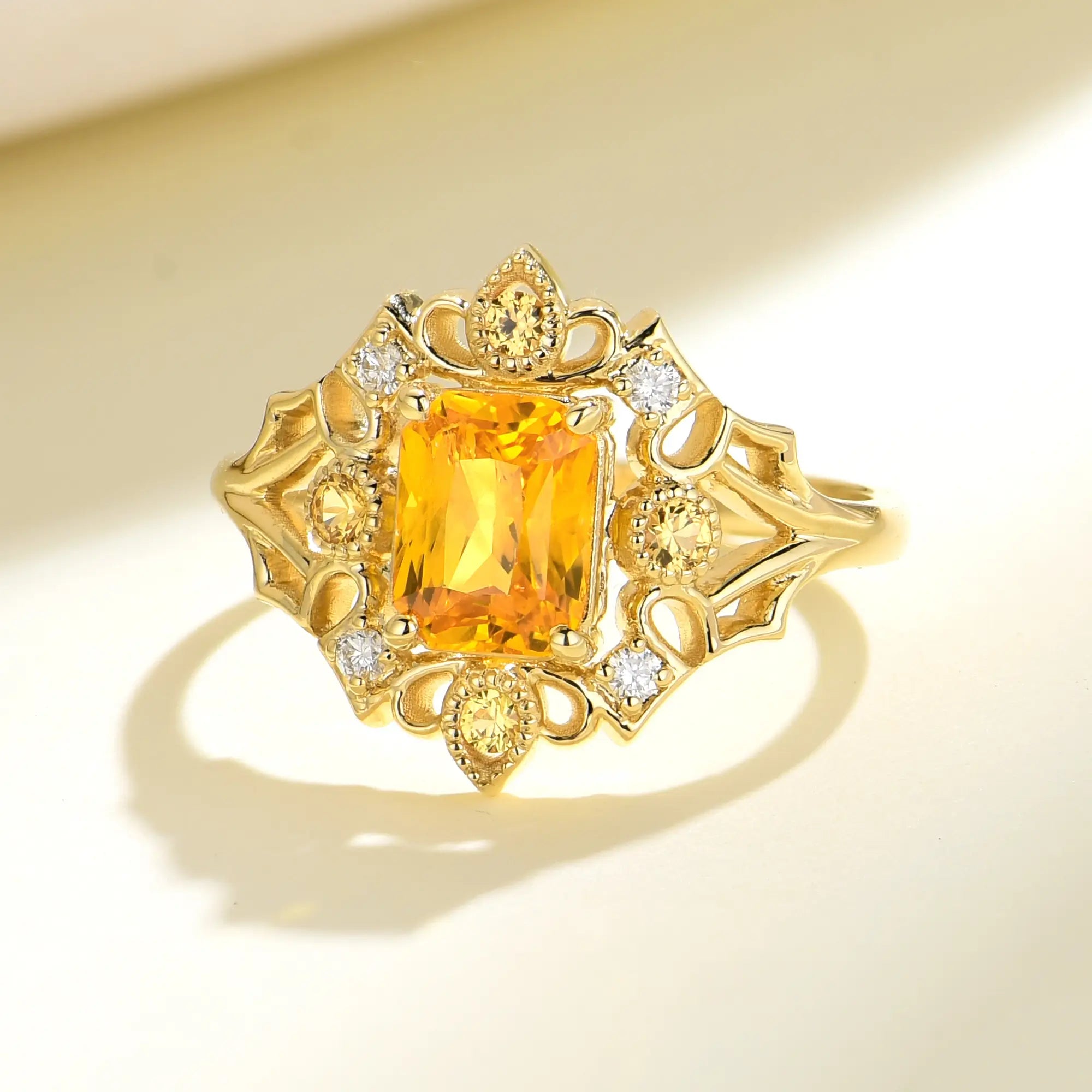 Renaissance Natural Citrine Diamond Cocktail Ring 14k yellow gold