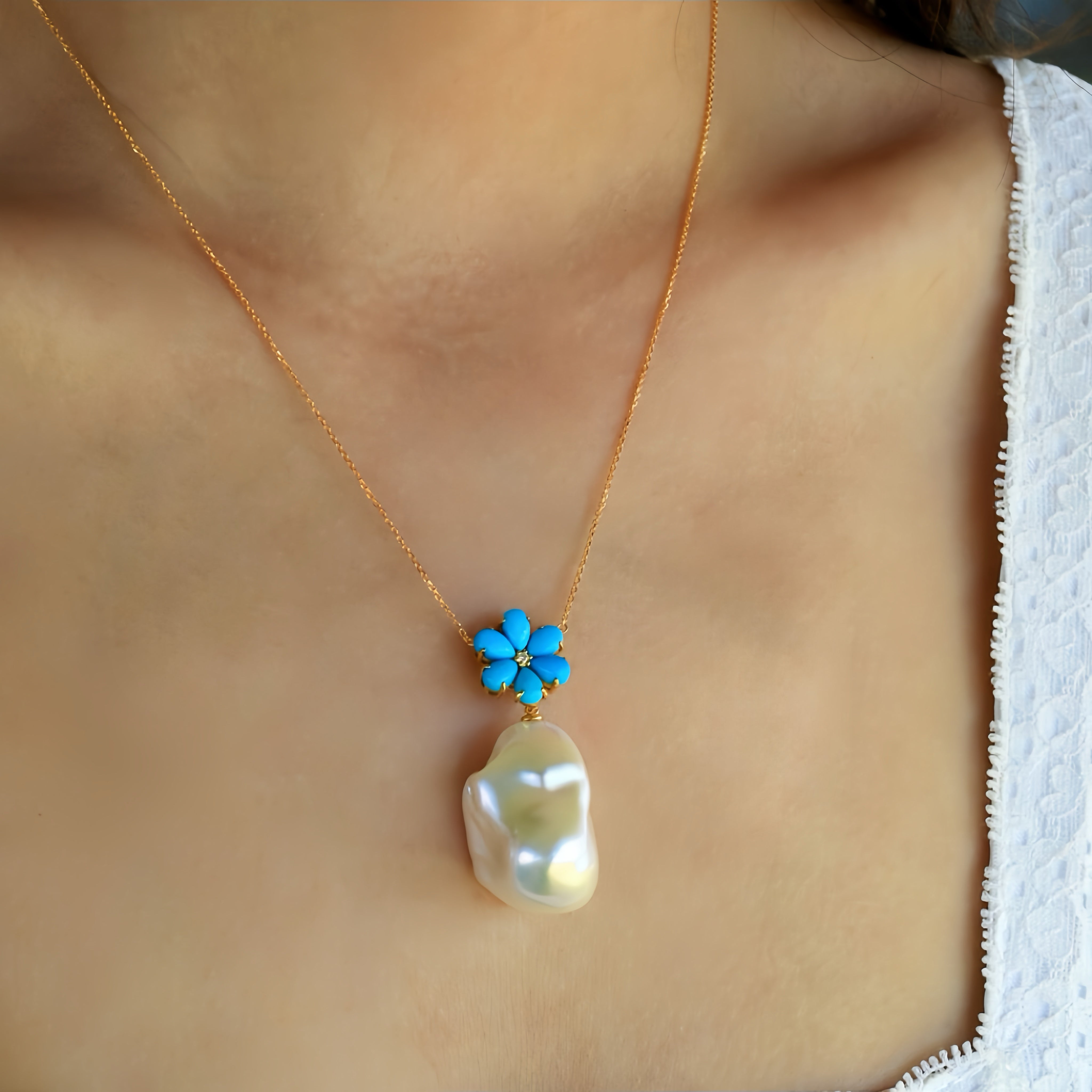 Flora Blossom Turquoise Diamond Baroque pearl Convertible Necklace