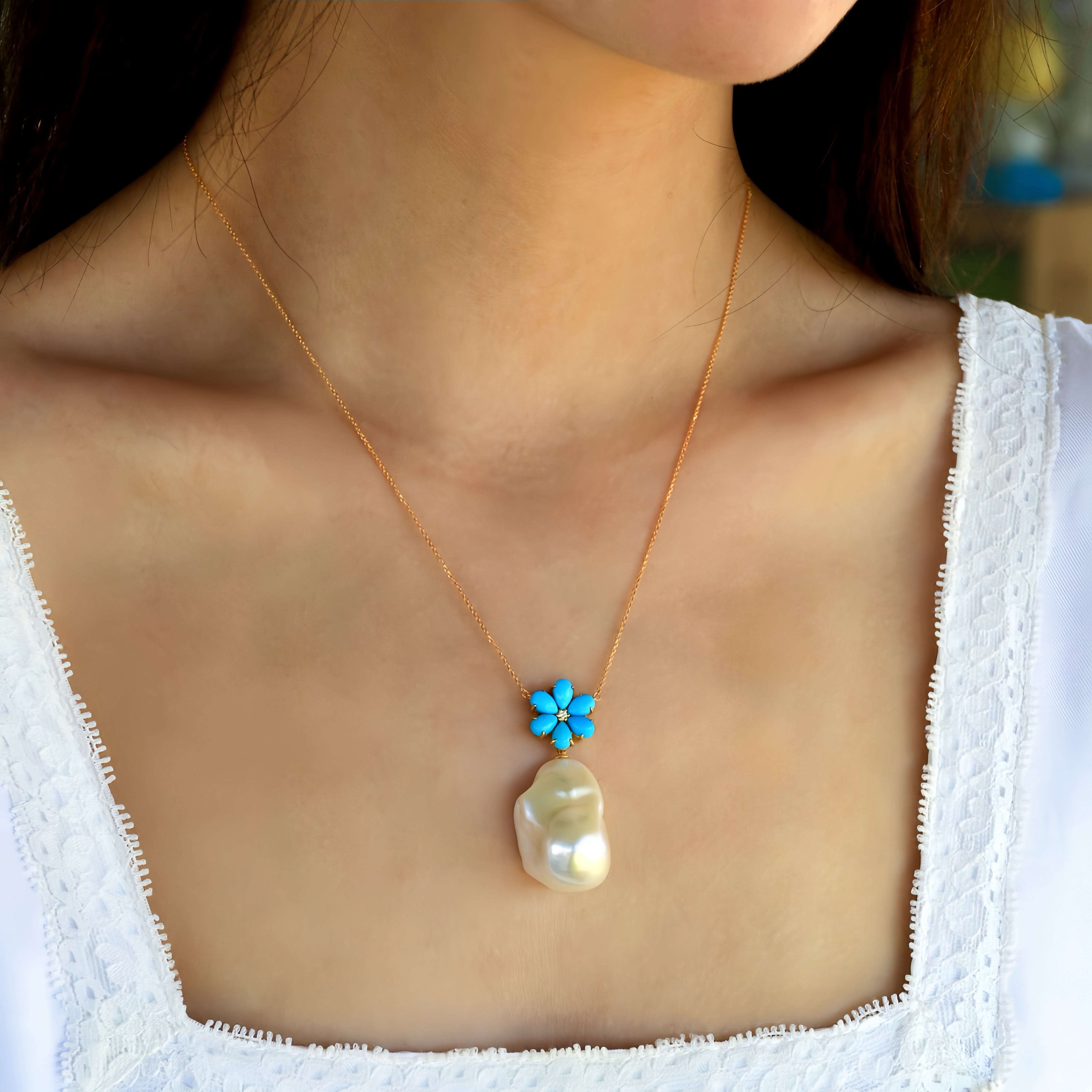 Flora Blossom Turquoise Diamond Baroque pearl Convertible Necklace