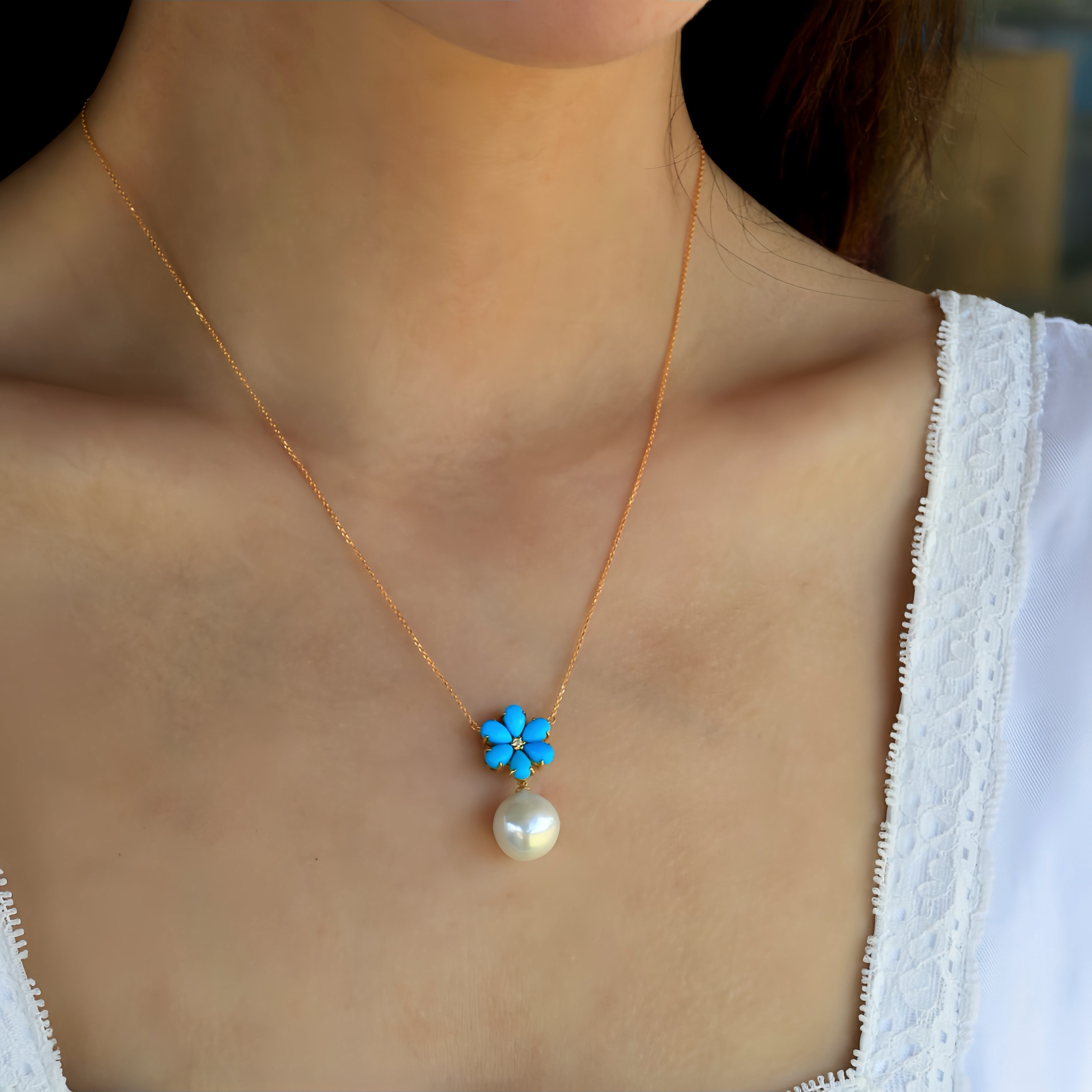 Flora Blossom Turquoise Diamond Pearl Convertible Necklace