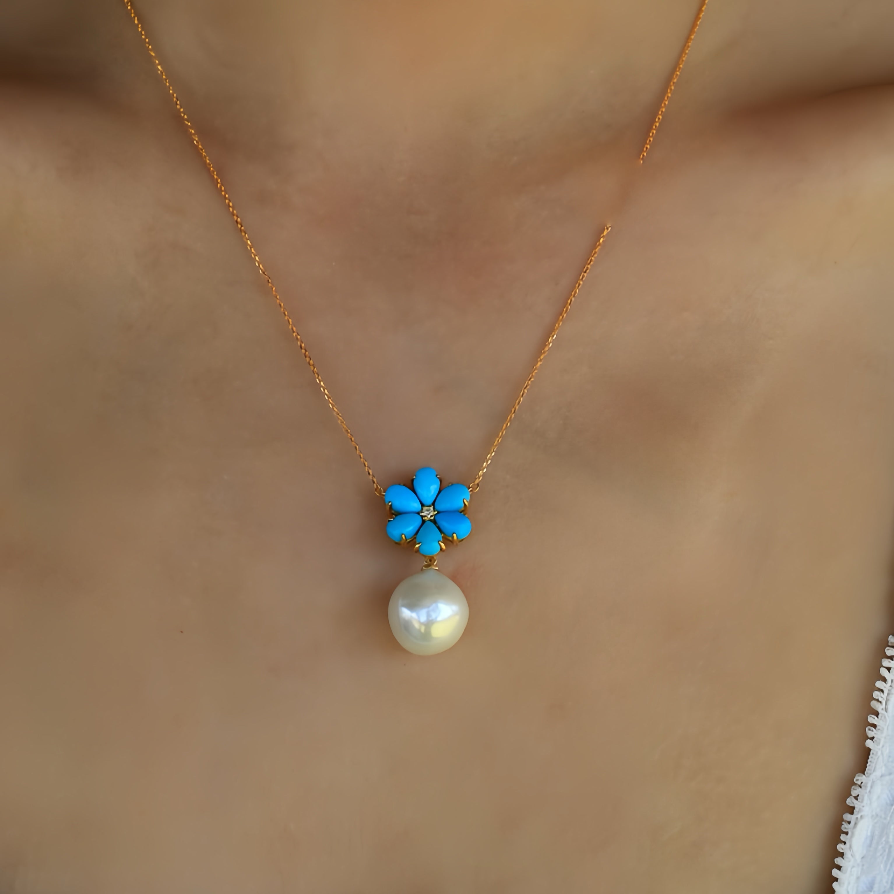 Flora Blossom Turquoise Diamond Pearl Convertible Necklace